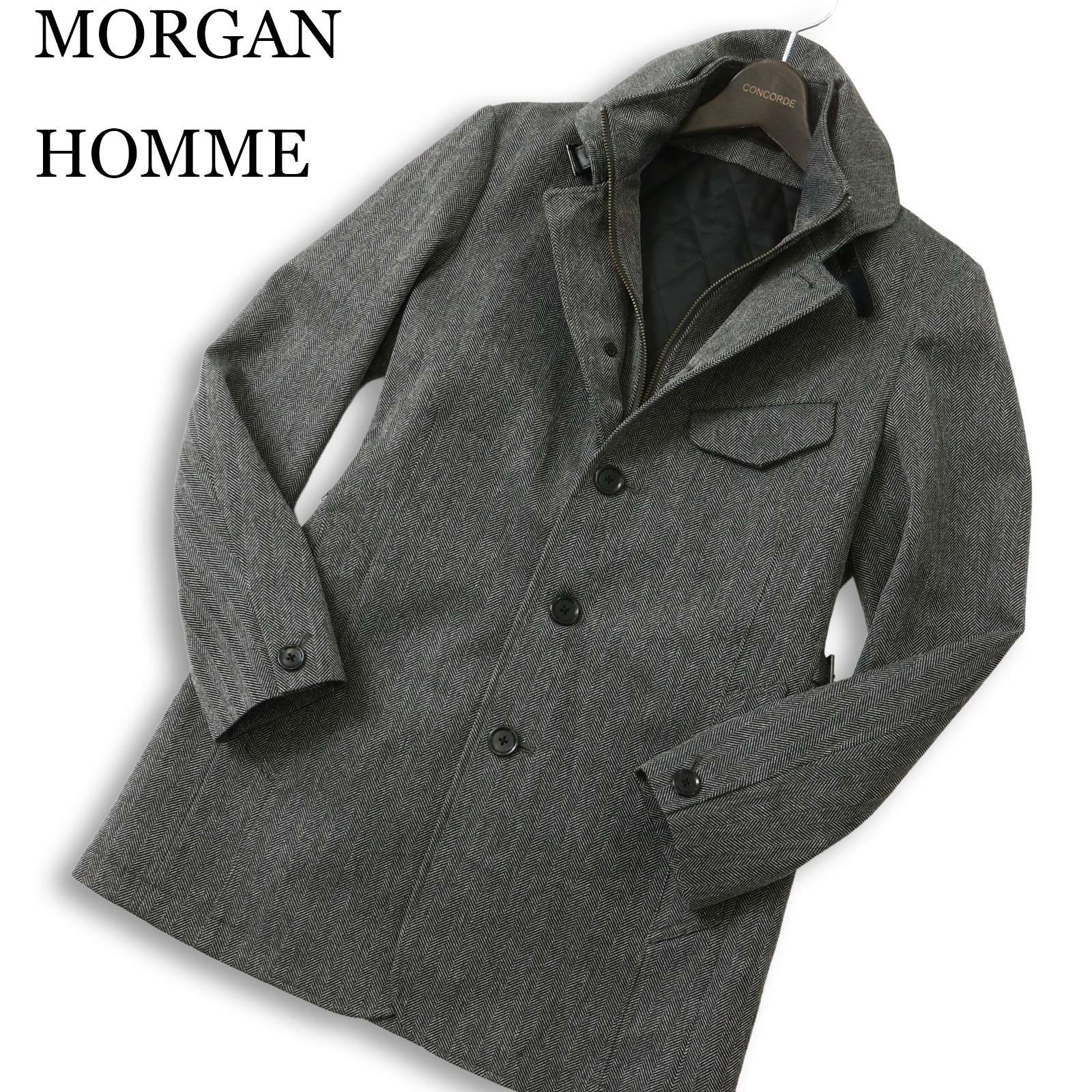MORGAN HOMME モルガン オム 中綿 キルティング ライナー★ レイヤード風 ヘリンボーン チェスター コート Sz.S メンズ 灰