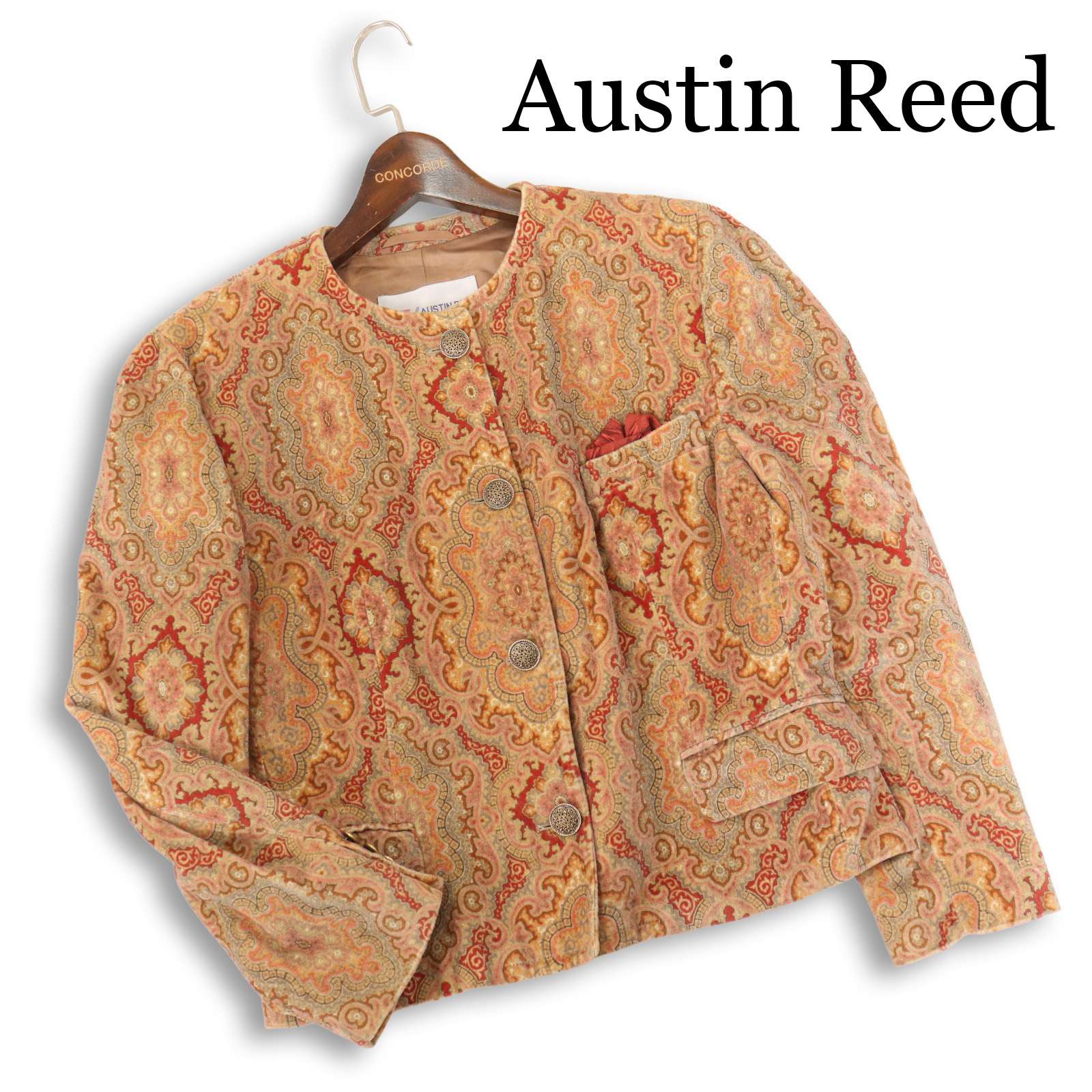 英国製★ Austin Reed オースチンリード 秋冬★ 総柄 ペイズリー ノーカラー ジャケット Sz.11AR レディース ビンテージ