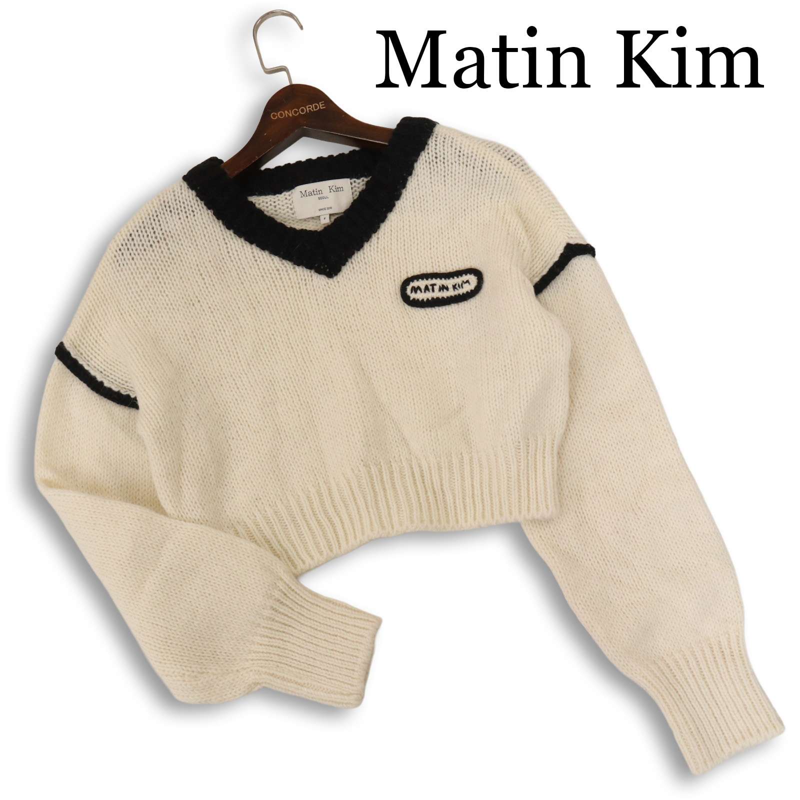 Matin Kim SEOUL マーティンキム 秋冬★ Vネック ショート クロップド セーター ロゴ ニット Sz.F レディース｜コンコルドストア　店