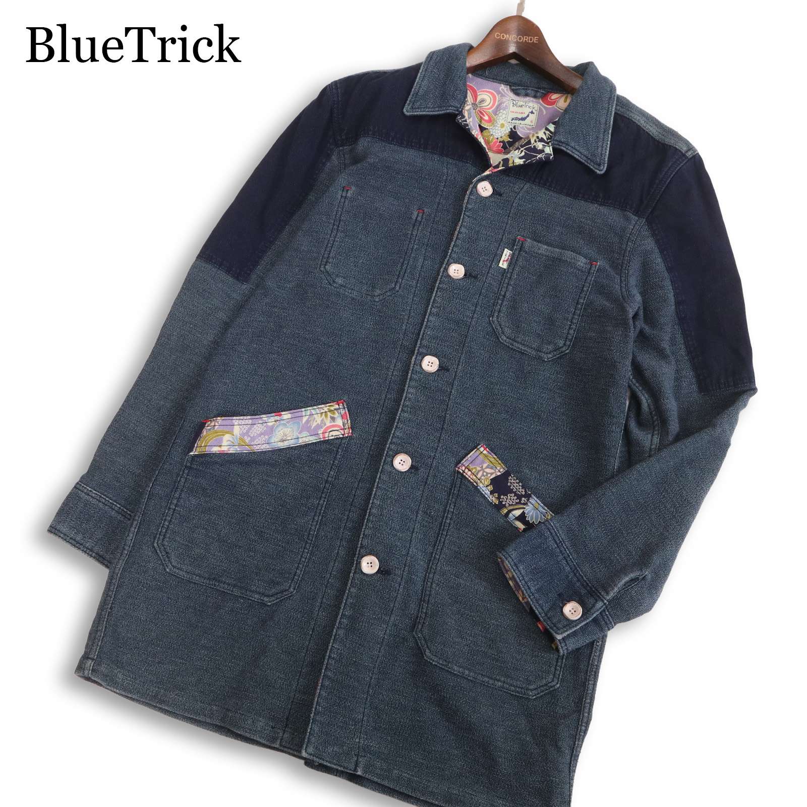 Blue Trick ブルートリック OKAYAMA 岡山 インディゴ★ 和柄 切替 ワーク ショップコート ロング ジャケット Sz.4 メンズ｜コンコルドストア　店