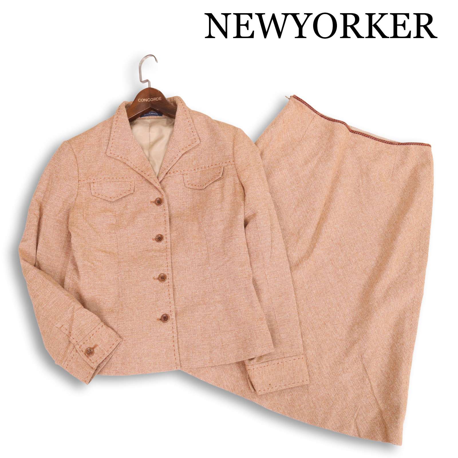【美品】NEWYORKER ニューヨーカー 通年 シルク混 ウール ツイード スカート セットアップ Sz.13AR レディース 大きいサイズ