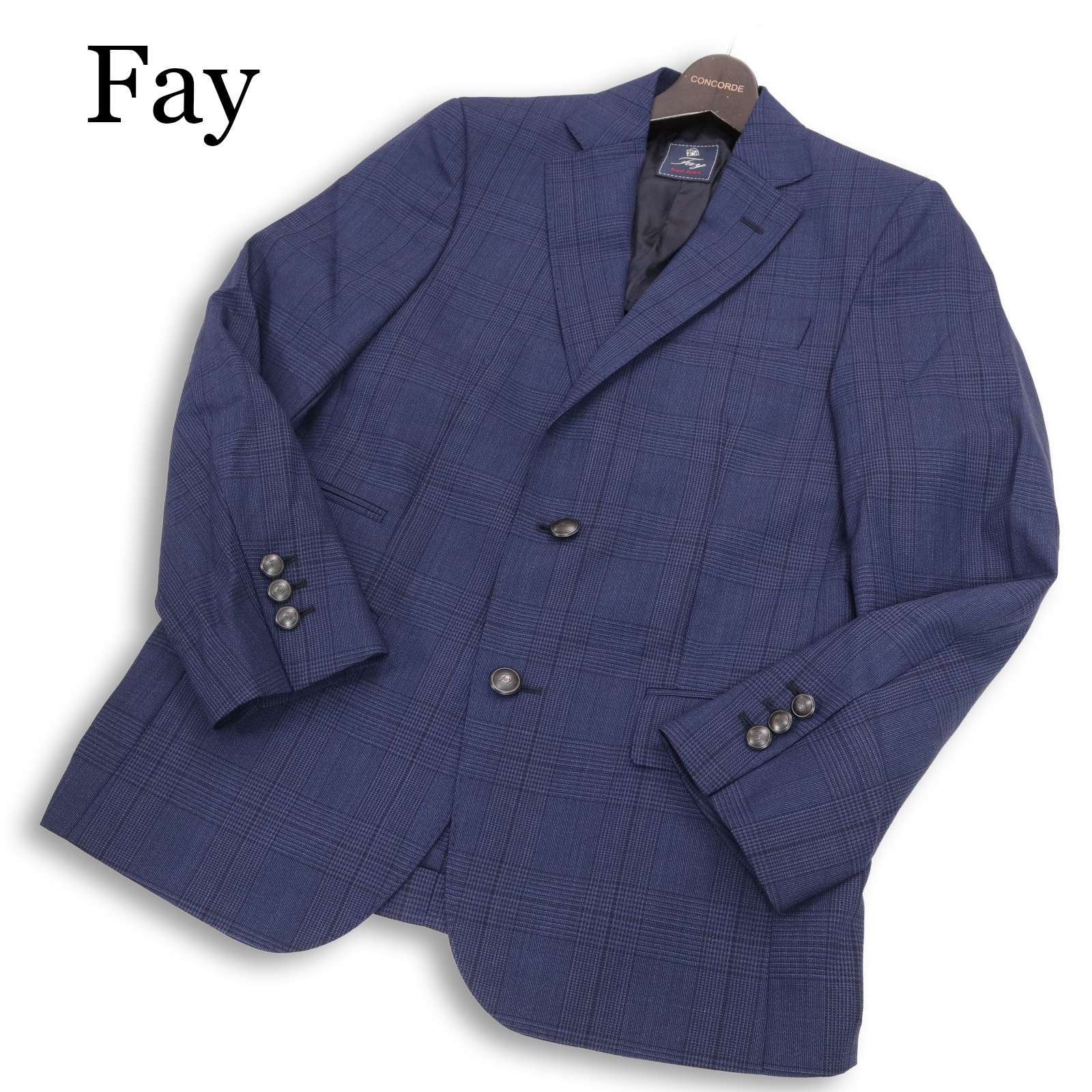 美品★ Fay フェイ 春夏 背抜き 刻印ボタン★ グレンチェック ブレザー トラベル ジャケット 紺ブレ Sz.46　メンズ ネイビー