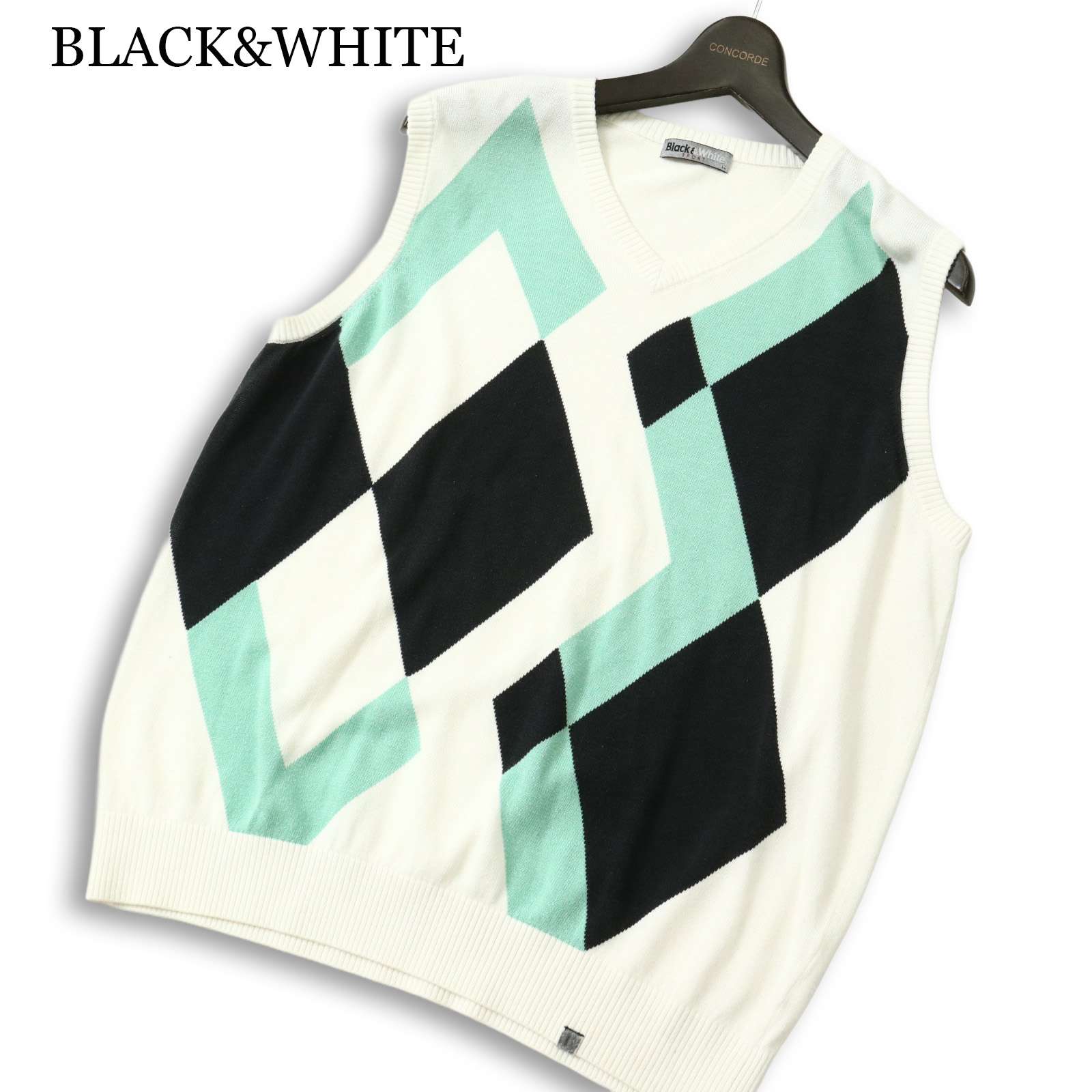 BLACK&WHITE ブラック＆ホワイト ゴルフ 秋冬★ アーガイル ニット ベスト Sz.LL メンズ 白 大きいサイズ
