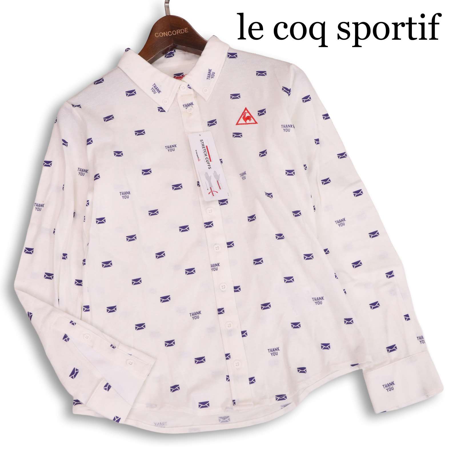 【新品 未使用】 le coq sportif GOLF ルコック ゴルフ 通年 レター柄 総柄♪ 長袖 BD 鹿の子 シャツ Sz.M レディース