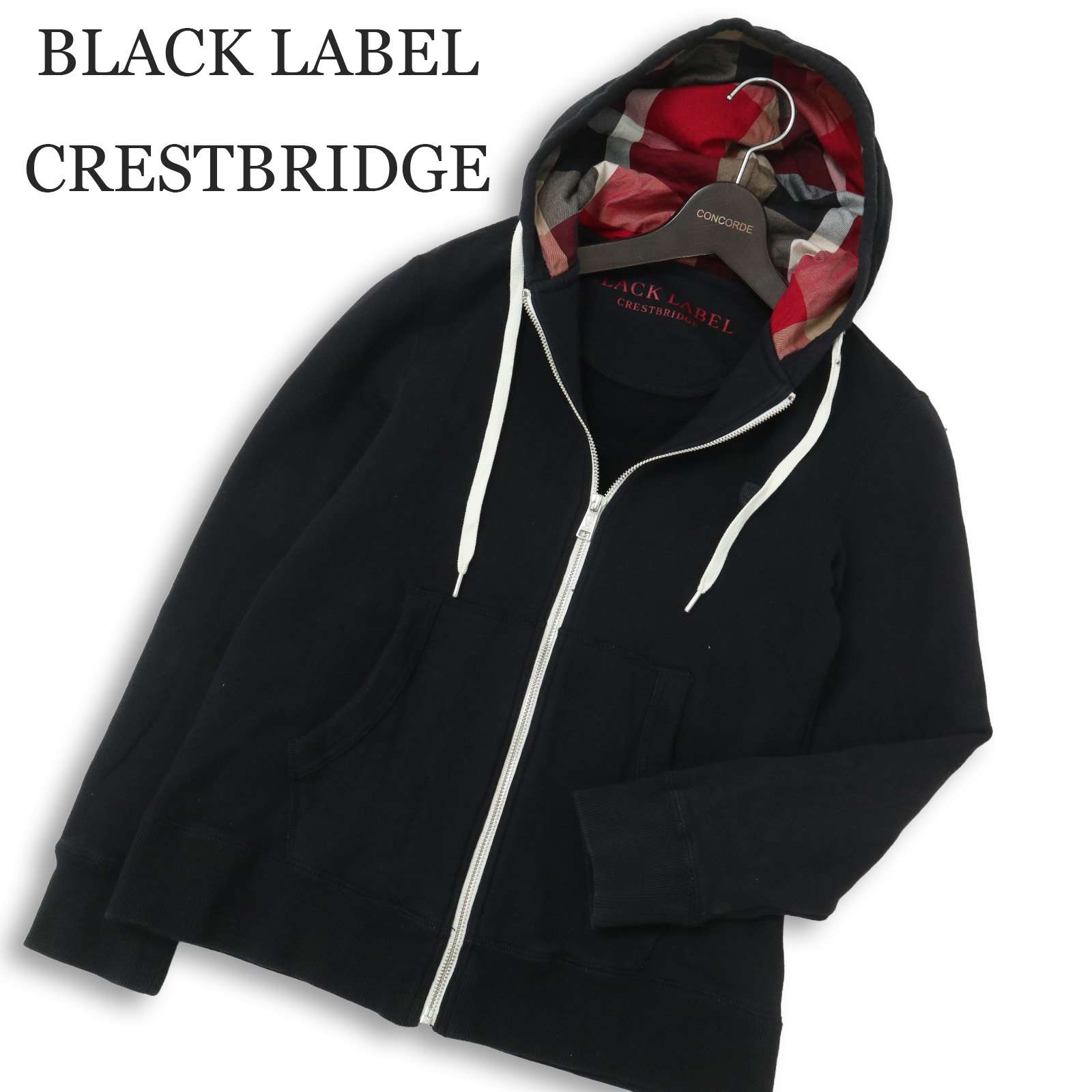 BLACK LABEL CRESTBRIDGE ブラックレーベル クレストブリッジ チェック使い★ スウェット ジップ パーカー Sz.2 メンズ 黒