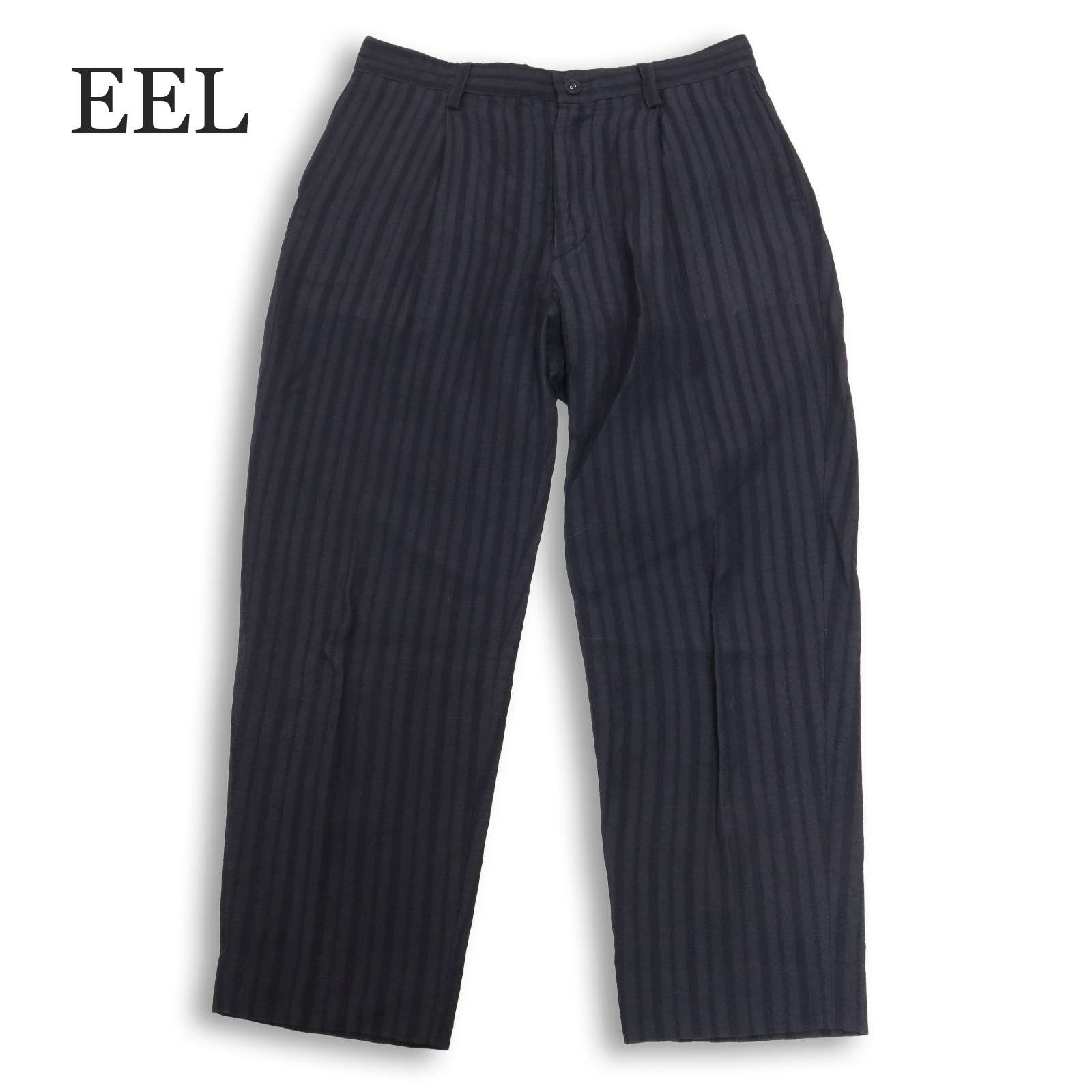 EEL イール 【少年パンツ】 春夏 ストレッチ リネン ストライプ タック パンツ スラックス Sz.S メンズ ネイビー 日本製|コンコルドストア 店