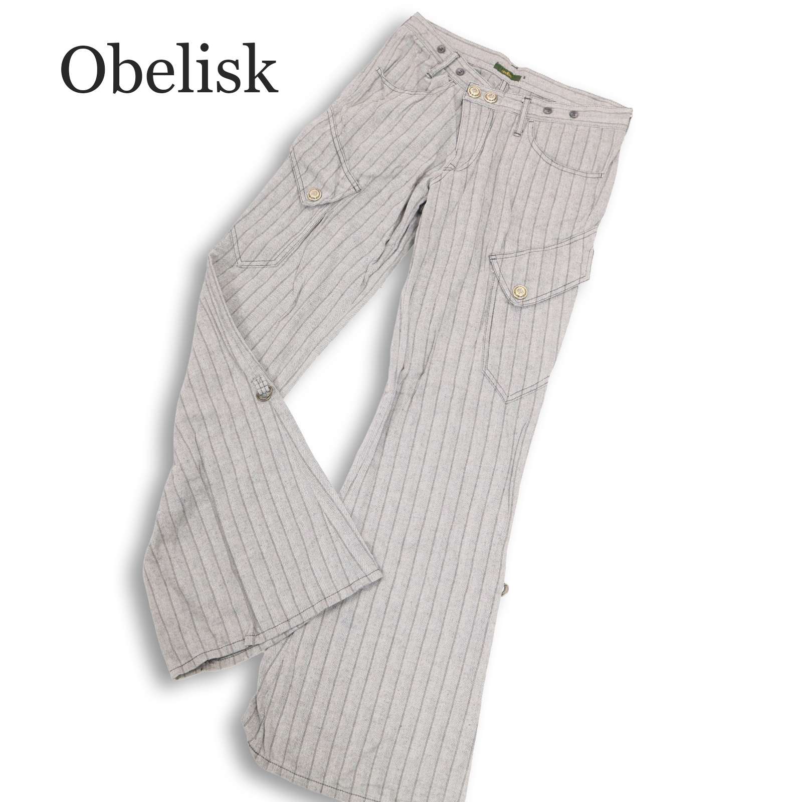 Y2K 00s★ Obelisk オベリスク ヘリンボン ストライプ★ フレア ベルボトム デニム カーゴ パンツ ジーンズ Sz.28　メンズ