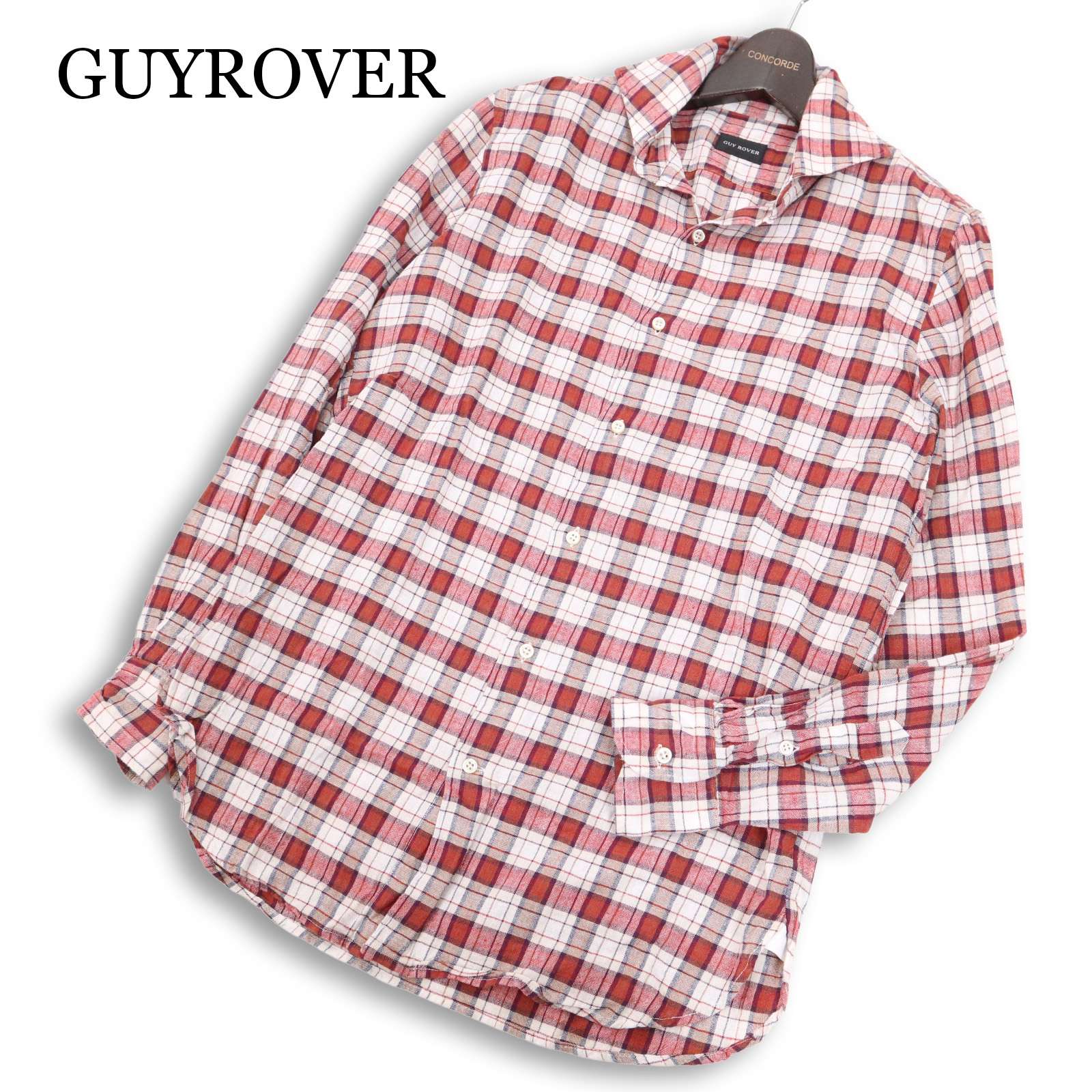 イタリア製★ GUYROVER ギローバー 春夏 コットン&リネン★ ホリゾンタルカラー 長袖 チェック シャツ Sz.M　メンズ