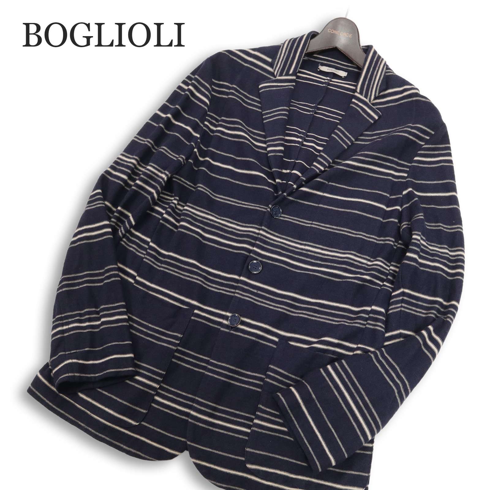 イタリア製★ BOGLIOLI ボリオリ 春夏★ リネン&コットン ボーダー サマー ニット ジャケット Sz.S メンズ ネイビー