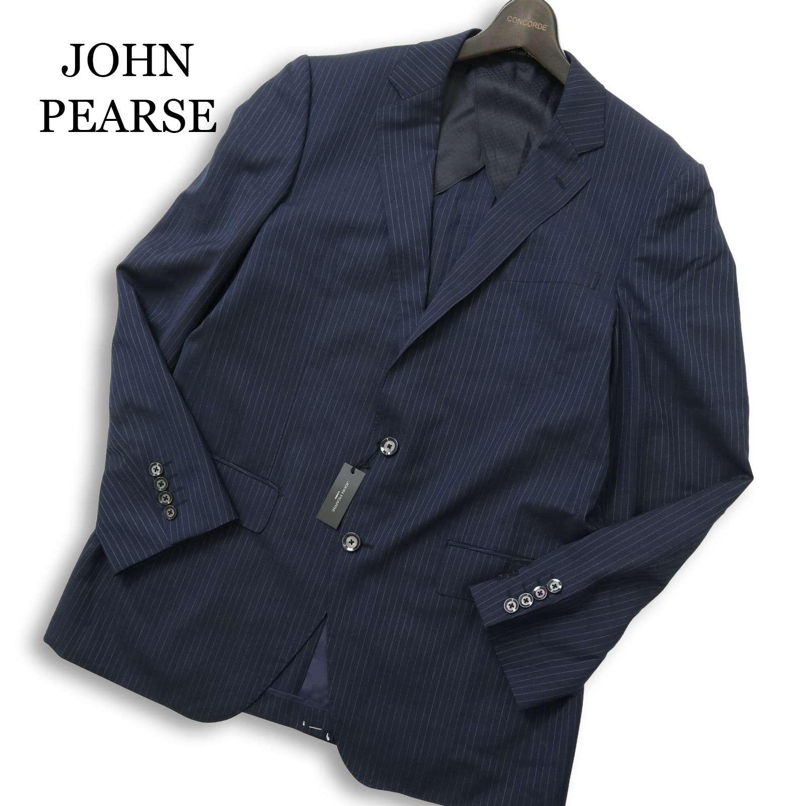 【新品 未使用】 JOHN PEARSE ジョンピアース 春夏 ウール★ ストライプ テーラード ジャケット Sz.AB7 メンズ 紺 大きいコート・ジャケット