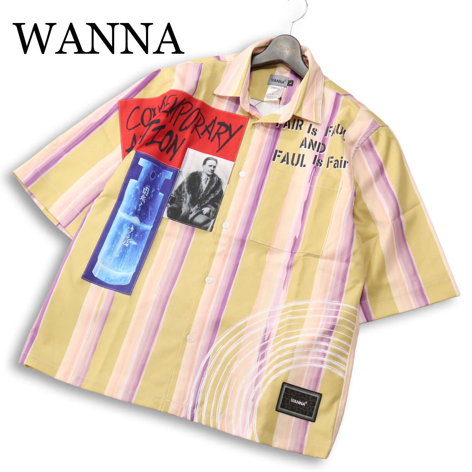【新品 未使用】 WANNA ワナ 春夏★ 半袖 ビッグシルエット プリント ストライプ アナーキー シャツ Sz.L メンズ
