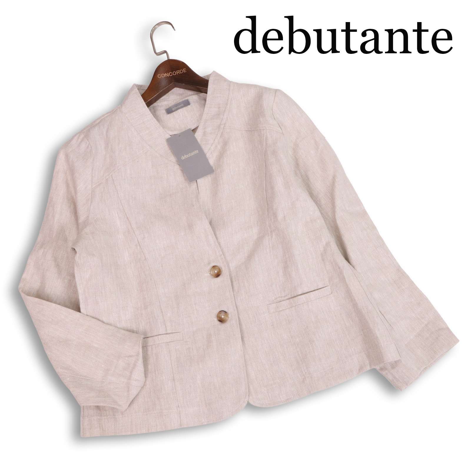 【新品 未使用】 debutante デビュタント 春夏★ 麻100% リネン スタンドカラー ジャケット Sz.L レディース