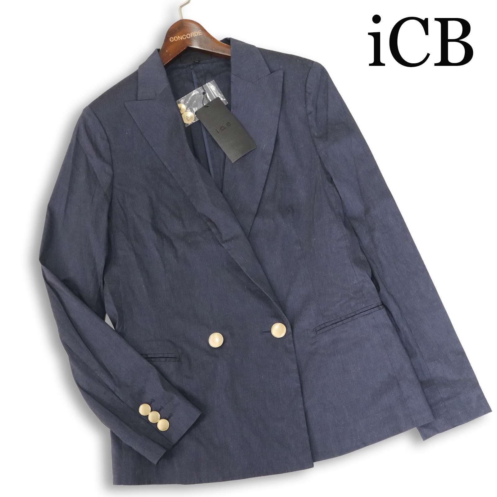 【新品 未使用】 iCB アイシービー 春夏★ 麻 リネン 金ボタン 紺ブレ ダブル ジャケット ブレザー Sz.42 レディース 紺