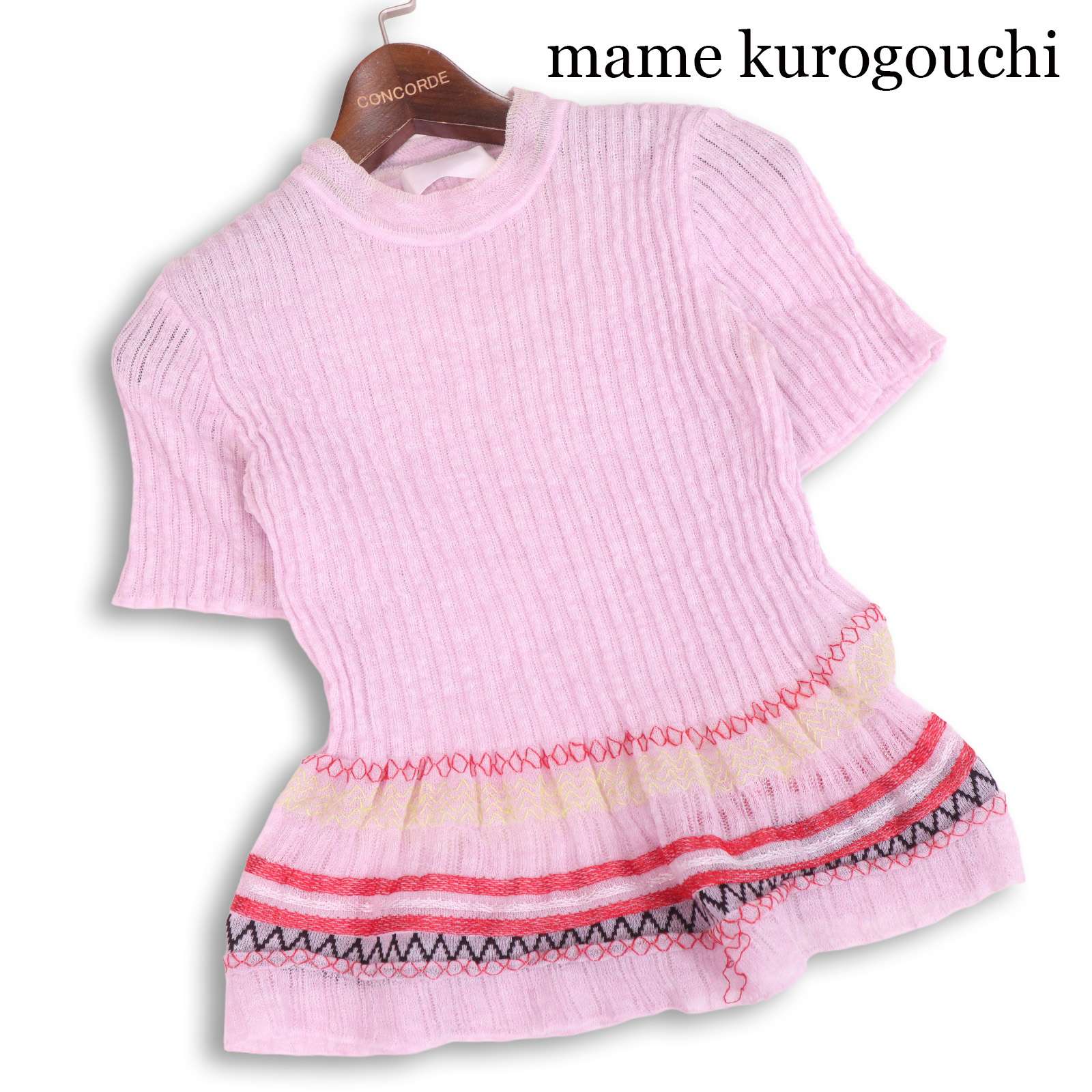 Mame Kurogouchi マメクロゴウチ 春夏 リネン混♪ 刺繍 半袖 リブ サマー ニット セーター Sz.2 レディース 日本製
