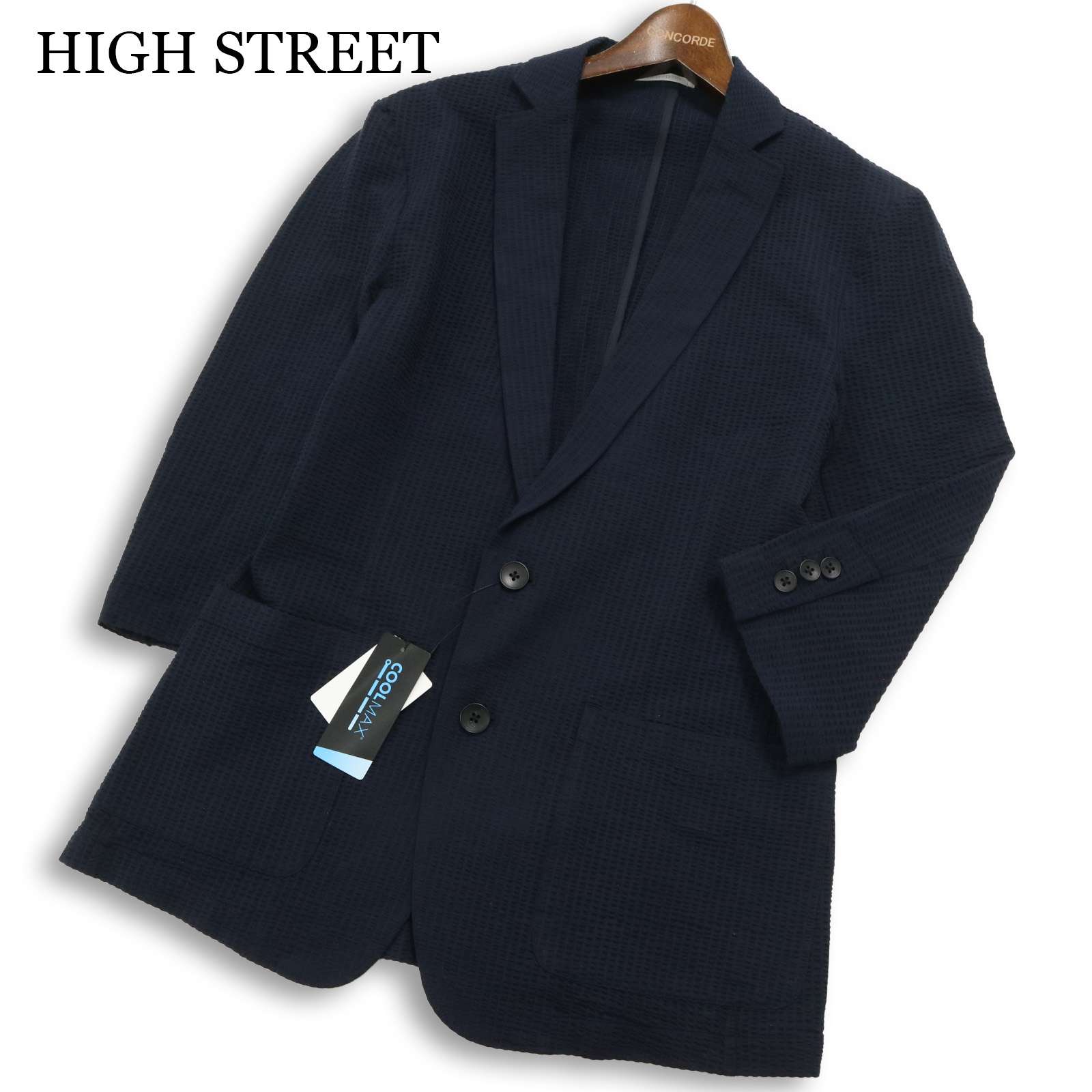 新品 24SS★ HIGH STREET ハイストリート 春夏 7分袖 シアサッカー テーラード ジャケット Sz.LL メンズ ネイビー 未使用