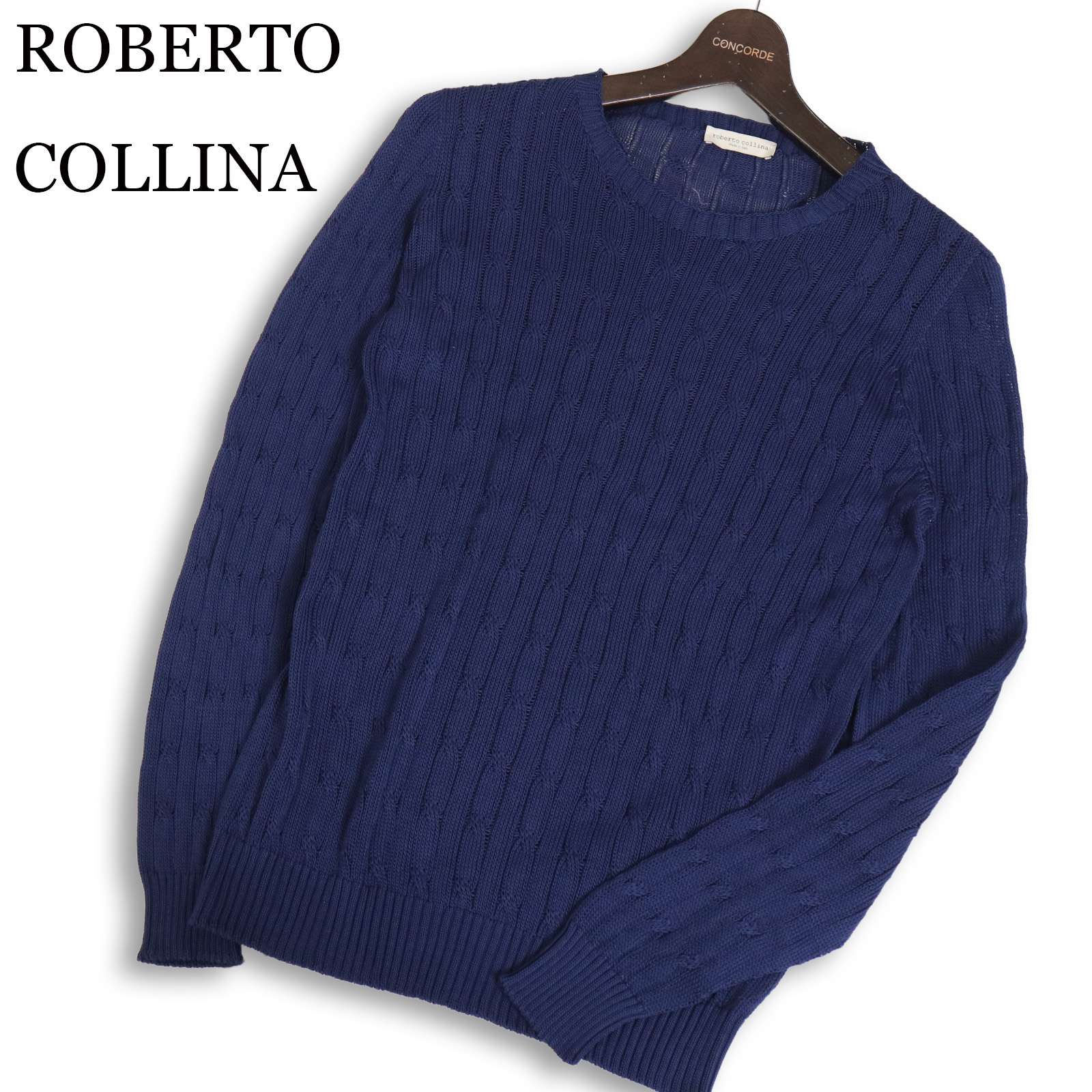 イタリア製★ ROBERTO COLLINA ロベルトコリーナ 通年★ ケーブル編み コットン サマー ニット セーター Sz.46 メンズ 紺