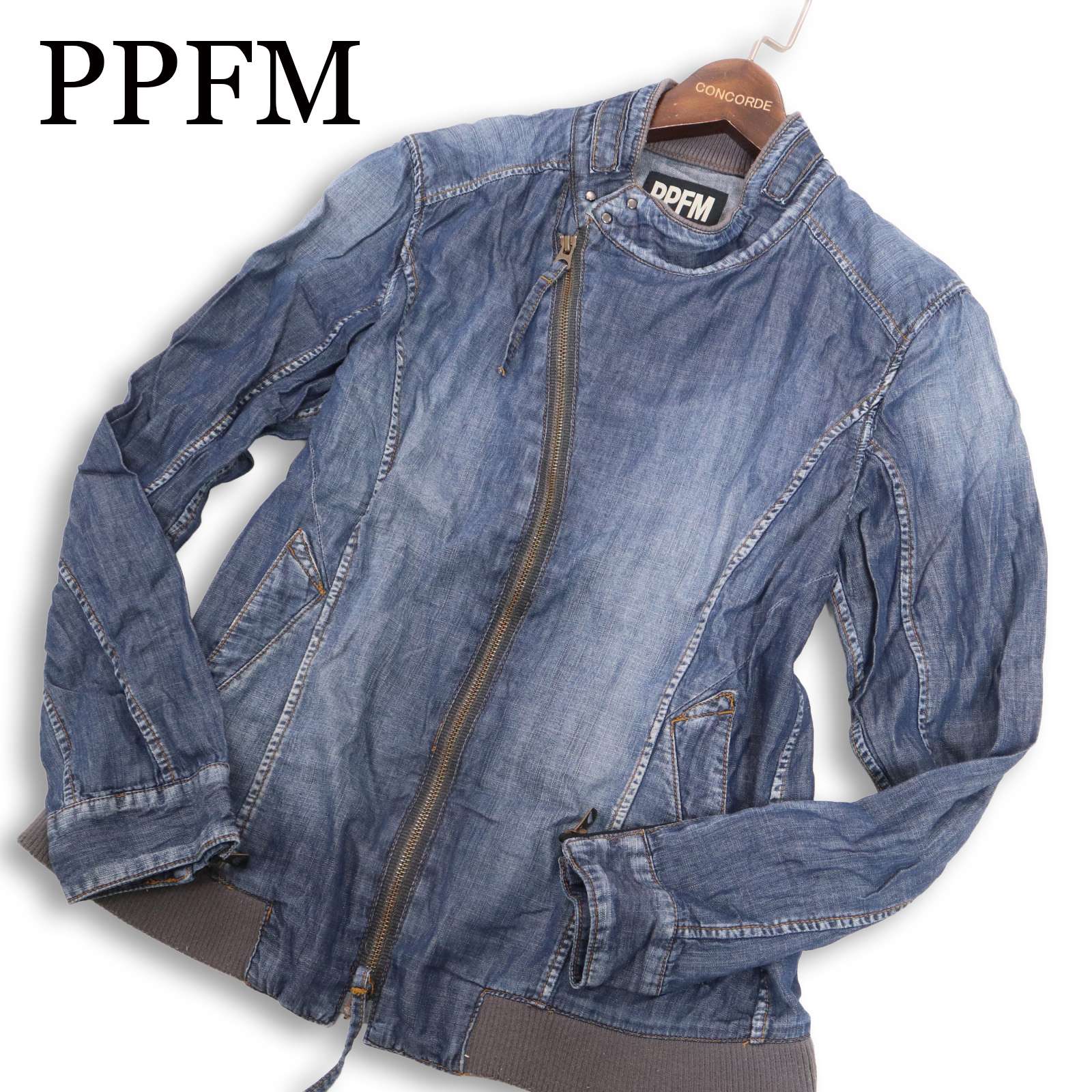 PPFM ペイトンプレイス 通年★ USED加工 ジップ シャンブレー デニム ライダース ジャケット Sz.S メンズ