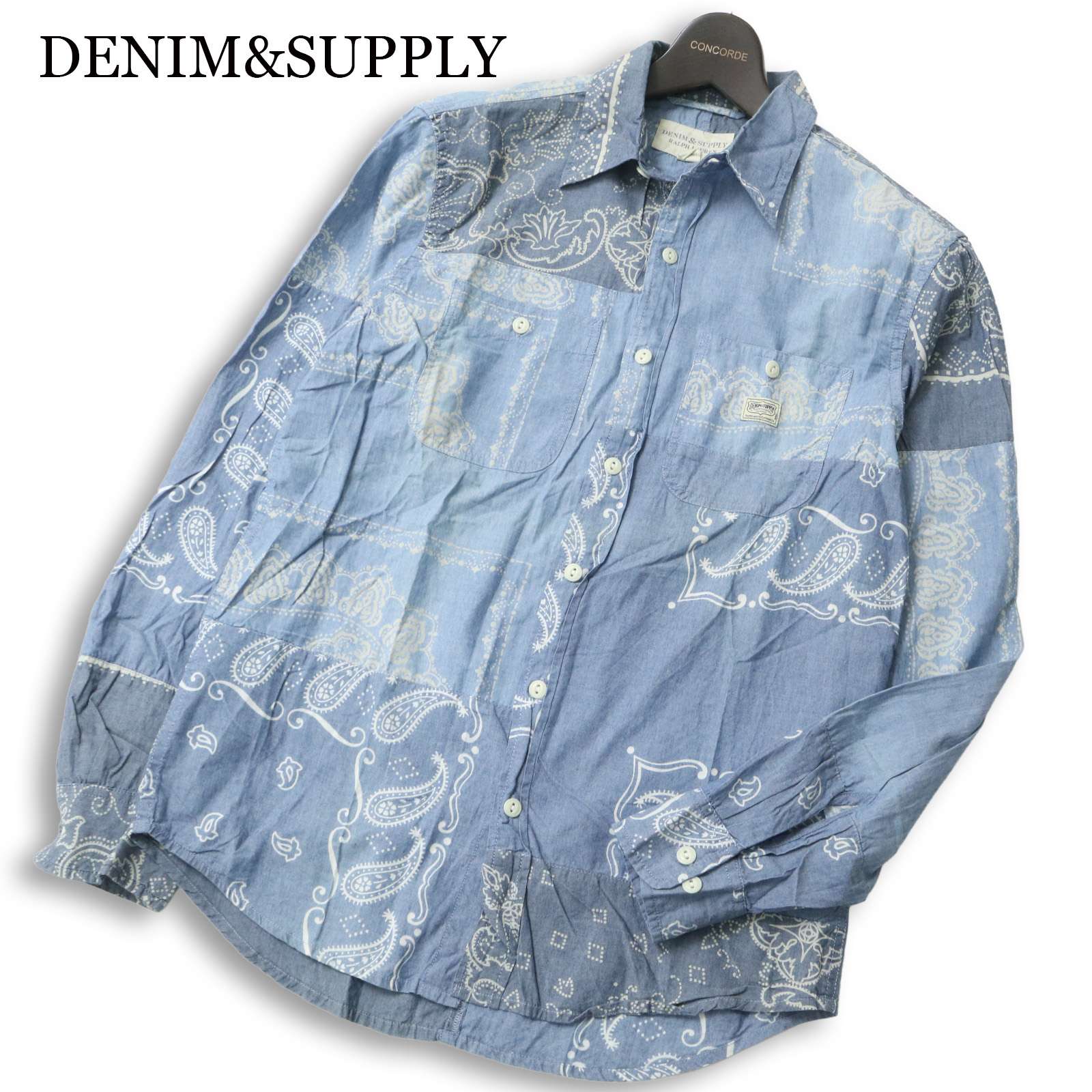DENIM&SUPPLY ラルフローレン 通年 パッチワーク★ ペイズリー バンダナ柄 長袖 シャンブレー デニム シャツ Sz.S メンズ