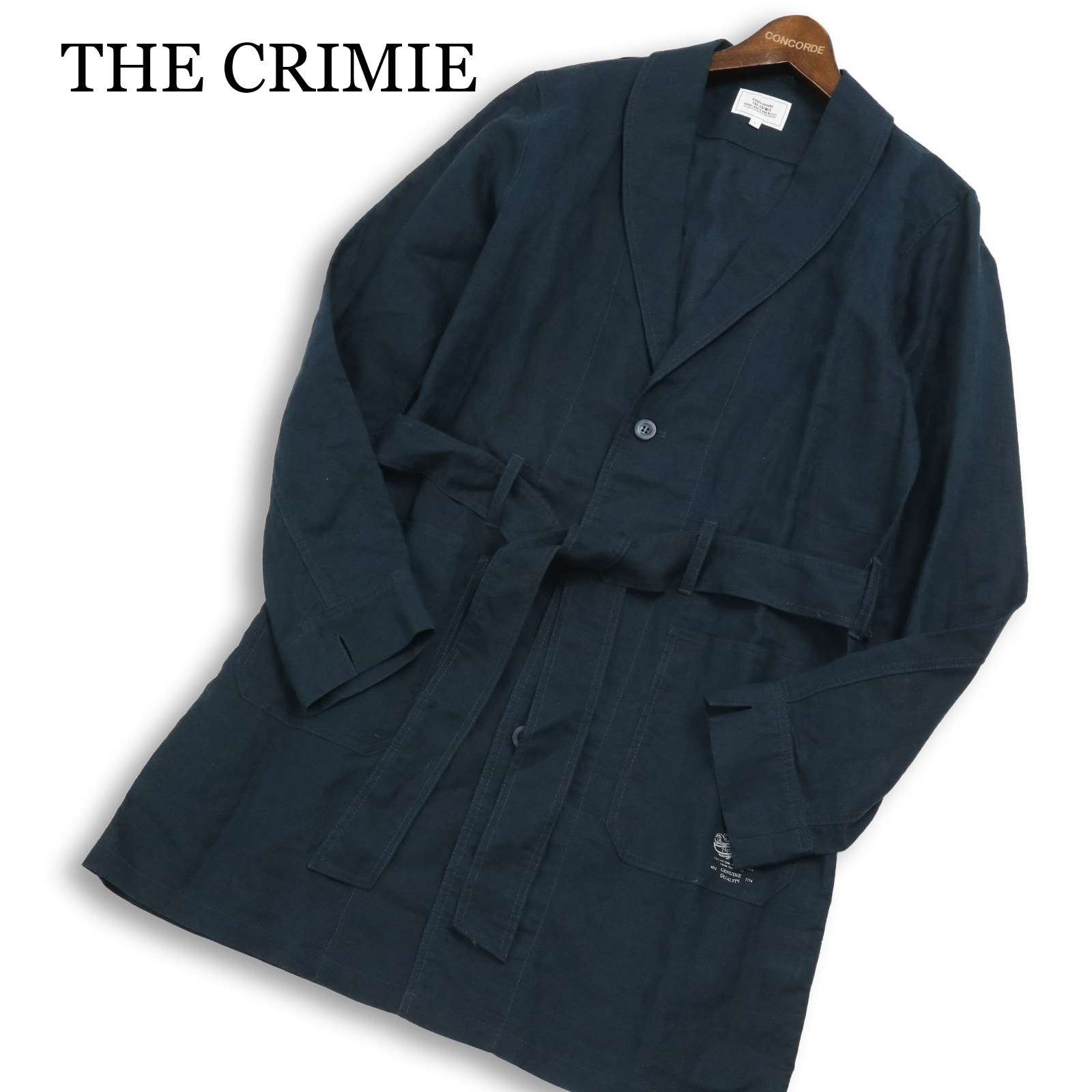 美品★ THE CRIMIE クライミー 春夏 亜麻★ リネン ロゴプリント ショールカラー ガウン カーディガン Sz.M メンズ ネイビー