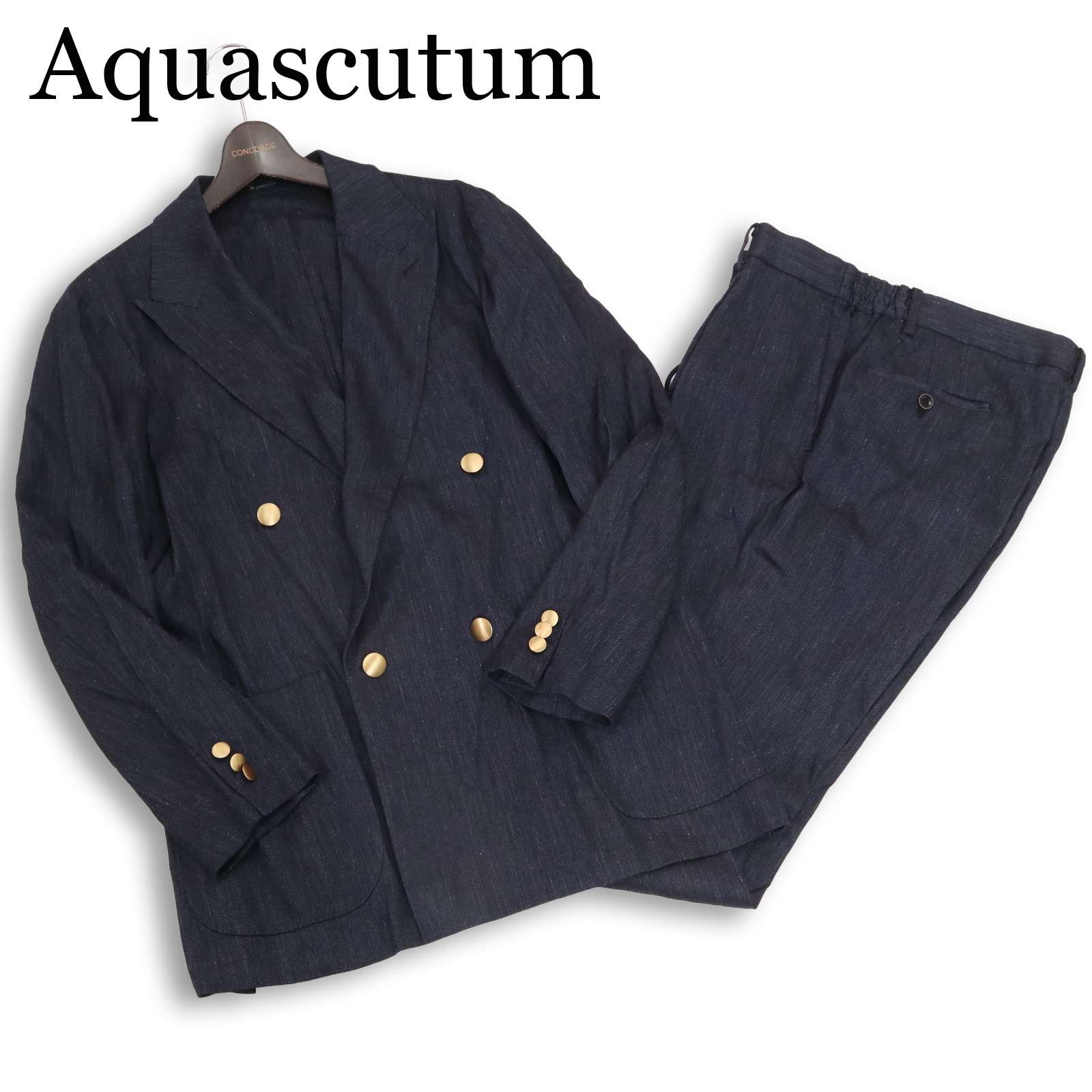 25SS★ Aquascutum アクアスキュータム 春夏 TEC.3★ リネン デニム ダブル ブレザー&パンツ セットアップ Sz.38/L　メンズ｜コンコルドストア　店