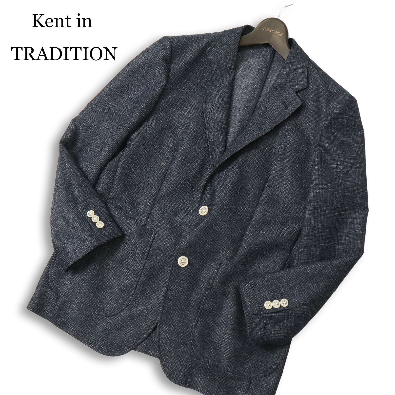 Kent in TRADITION ケント 春夏★ アンコン ビジネス メランジ 背抜き チェック テーラード ジャケット Sz.M メンズ 紺