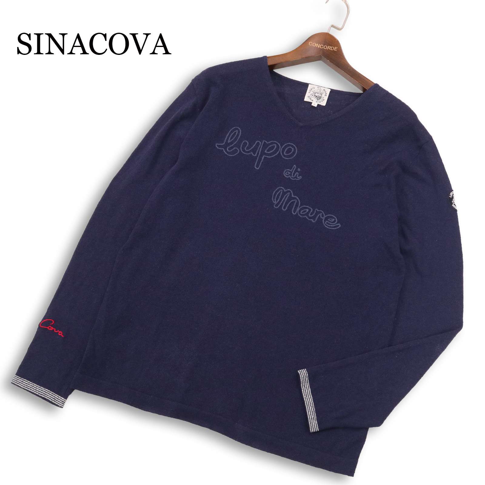SINACOVA シナコバ 春夏 ロゴ刺繍&ワッペン★ リネン サマー ニット セーター Sz.L メンズ ネイビー