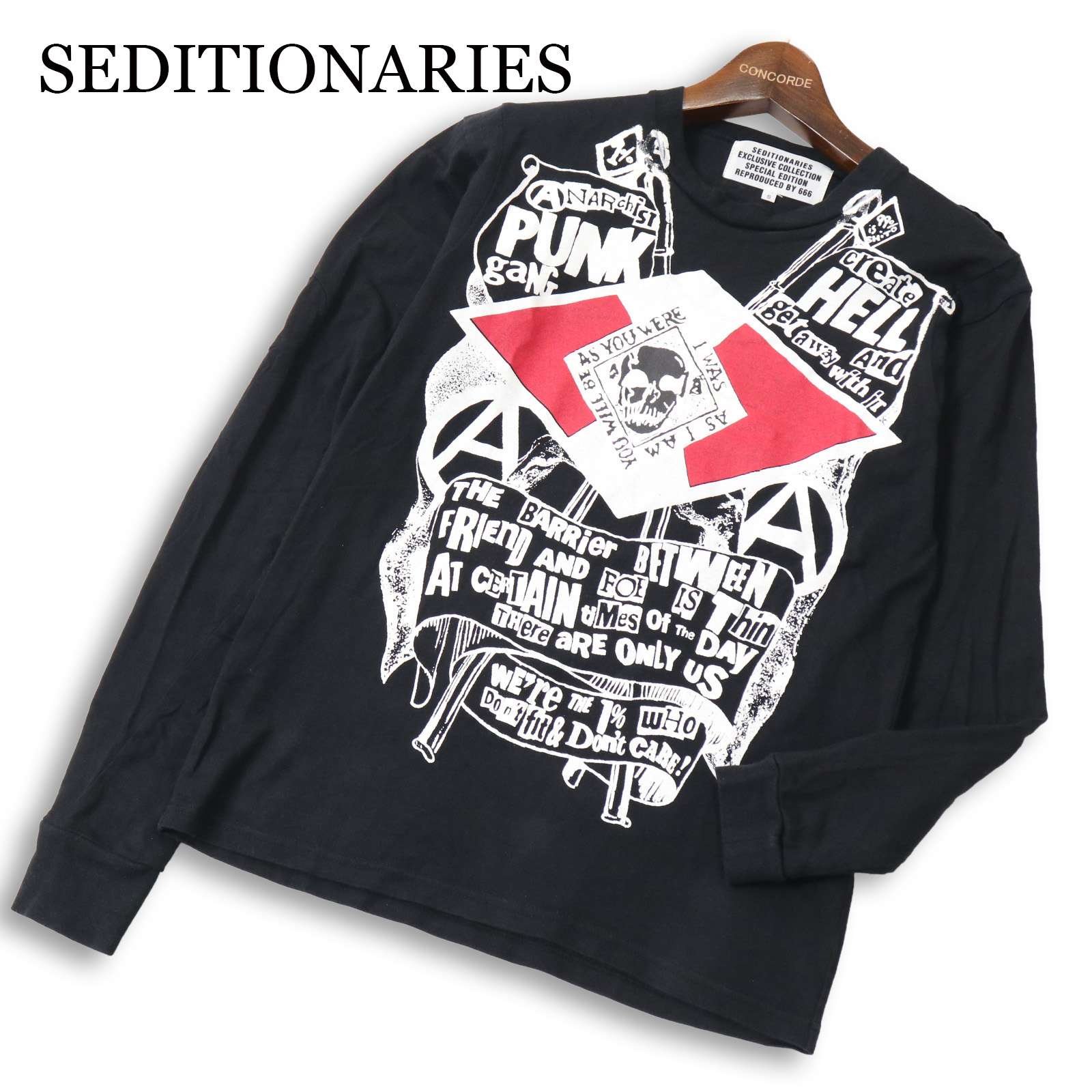 SEDITIONARIES by 666 セディショナリーズ 復刻 ANARCHIST PUNK GANG★ 長袖 アシンメトリー ロンTシャツ Sz.S メンズ 黒