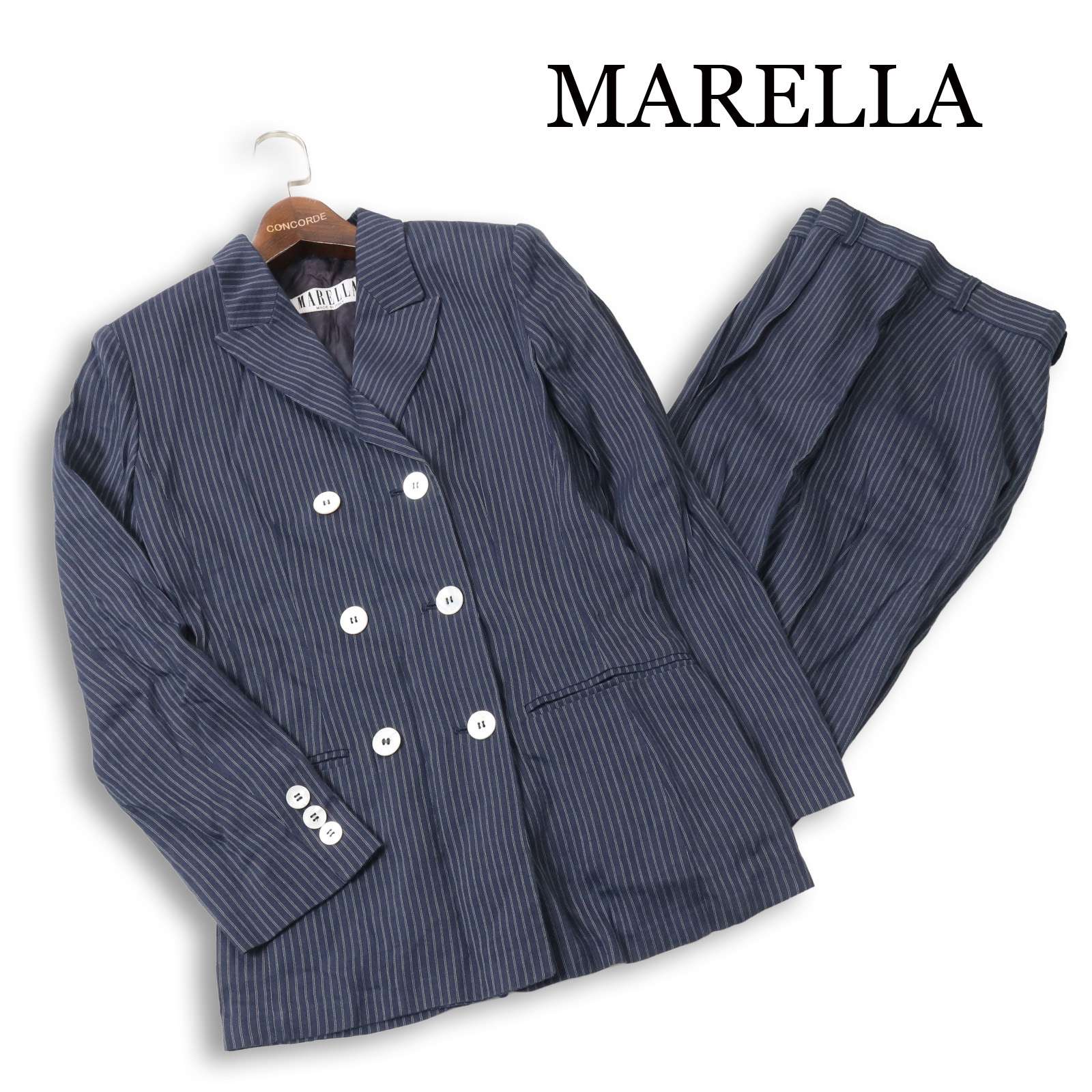 MARELLA マレーラ 春夏★ リネン ダブル ストライプ ビジネス セットアップ スーツ イタリア製 Sz.38 レディース 紺