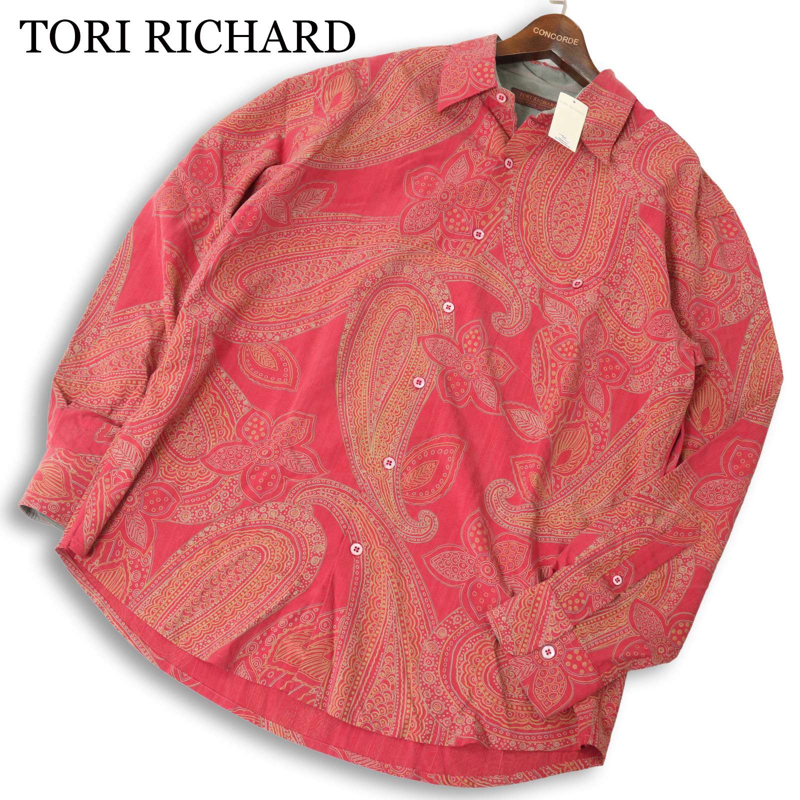 【新品 未使用】 TORI RICHARD トリリチャード 通年 シルク100%★ 半袖 ペイズリー 総柄 アロハ シャツ Sz.L メンズ