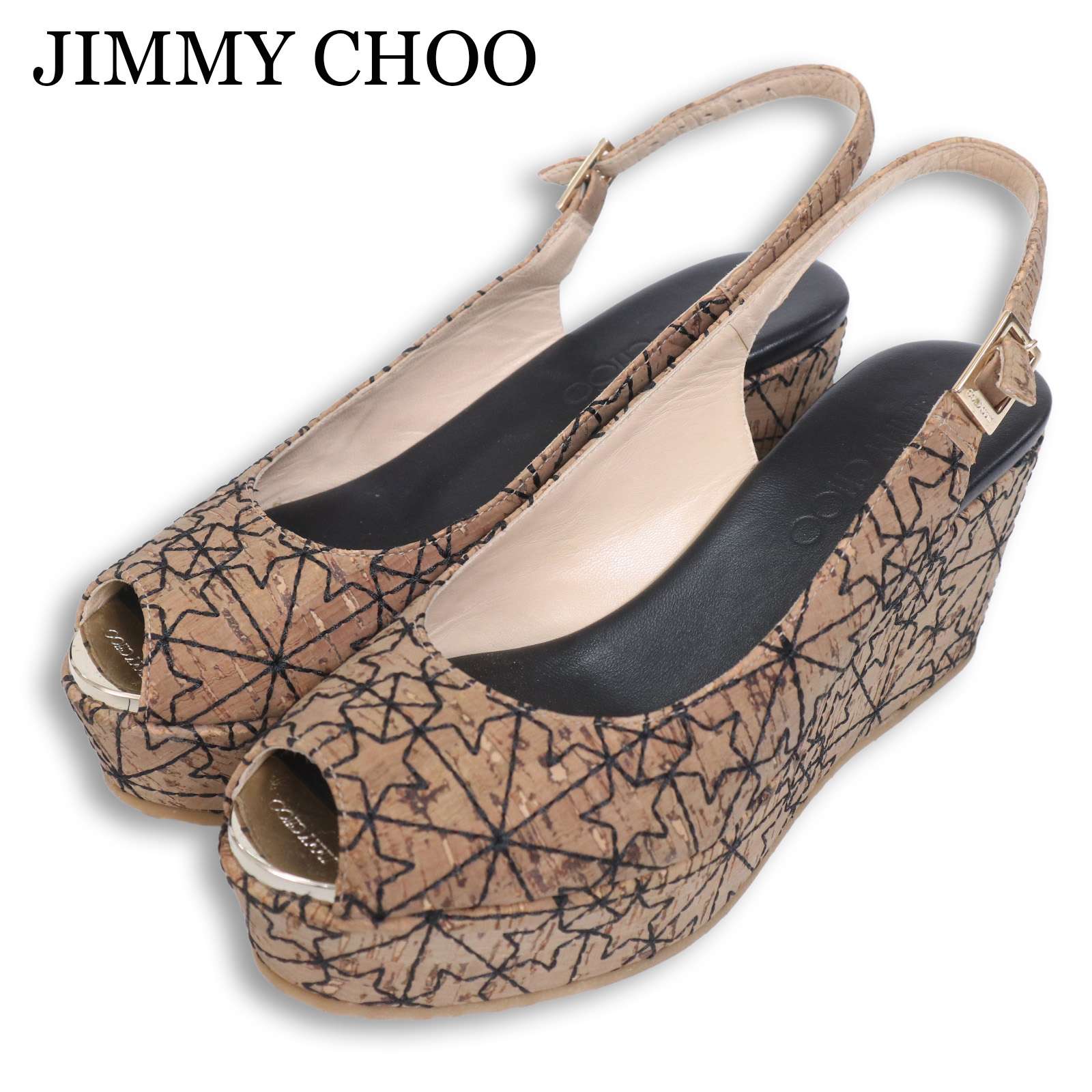 スペイン製★ JIMMY CHOO ジミーチュウ 星 刺繍 総柄★ 春夏 コルク 厚底 ウェッジソール サンダル Sz.36 レディース|コンコルドストア 店