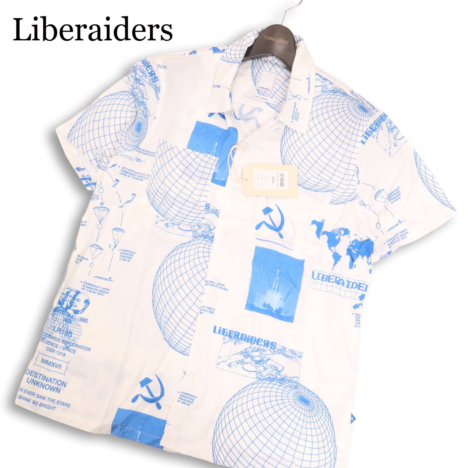 【新品 未当て嵌める】 Liberaiders リベレイダース SPACE RACE SHIRT★ 人絹100% 半袖 総柄 アロハシャツ Sz.S メンズ