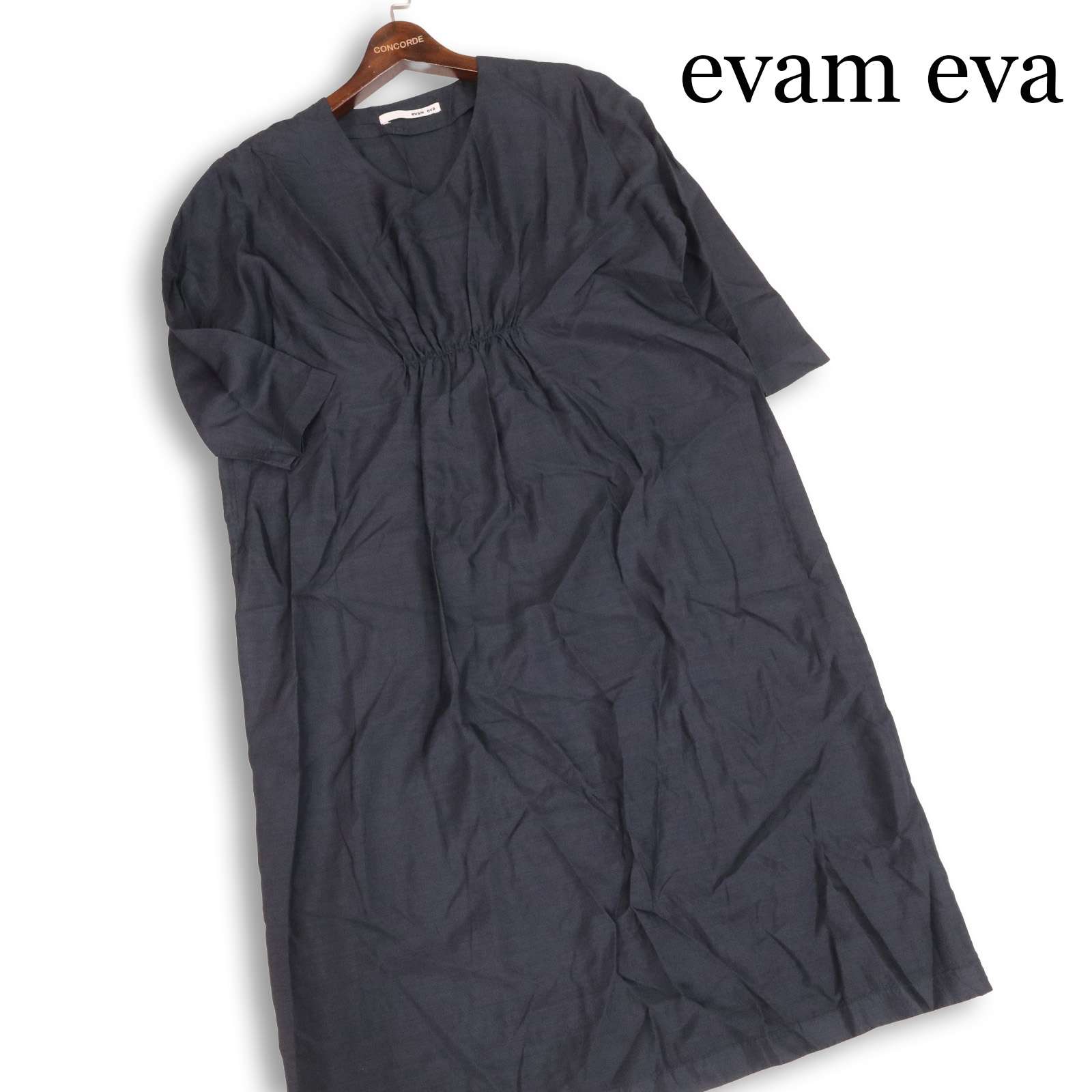 evam eva エヴァムエヴァ 春夏 キュプラ\u0026地絹♪ 7分袖 ギャザー 衣装 Sz.1 レディース 薄墨色 日本製