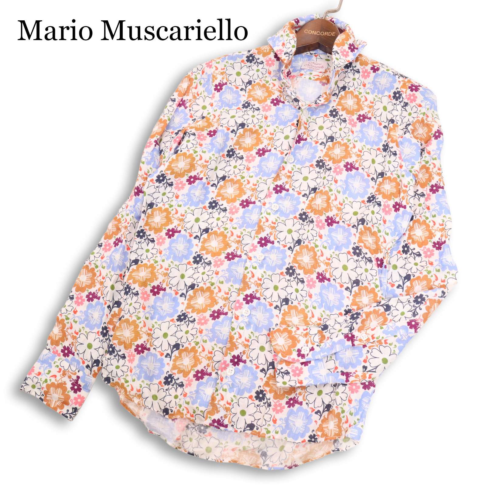 【美品 イタリア製】Mario Muscariello マリオムスカリエッロ 春夏 麻100%★ 長袖 花柄 総柄 リネン プルオーバー Sz.XS メンズ