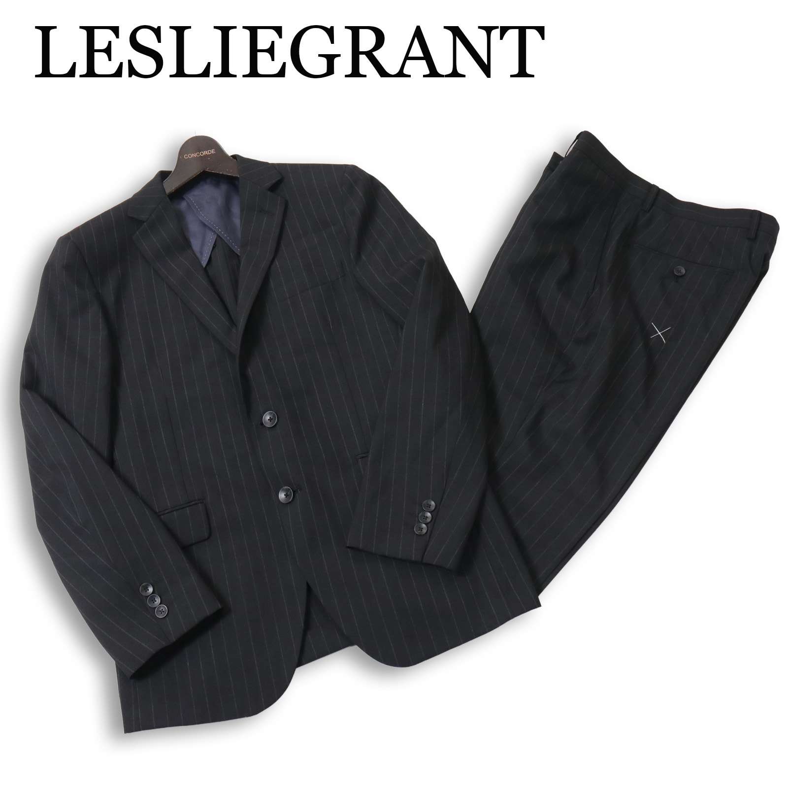 新品負けず劣らず★ LESLIEGRANT レスリーグラント 春夏 背抜き★ 縞模様 セットアップ 背広 Sz.A6 メンズ 黒 商行為