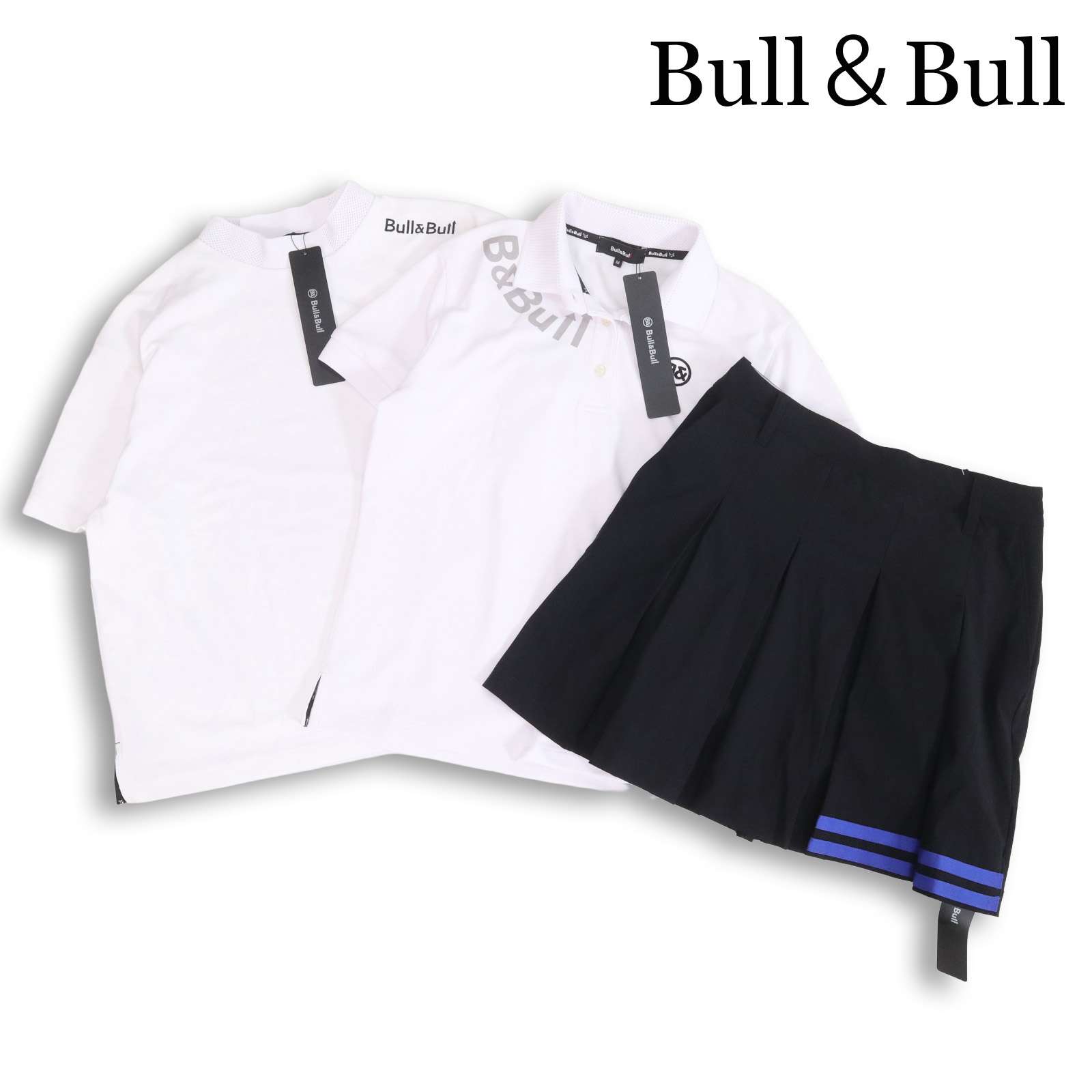 未当て嵌める★ Bull\u0026Bull ブルアンドブル 半袖 スポーツシャツ\u0026ティーシャツ\u0026スコート ゴルフ御召しもの 3点 上下書き割り Sz.M レディース 白
