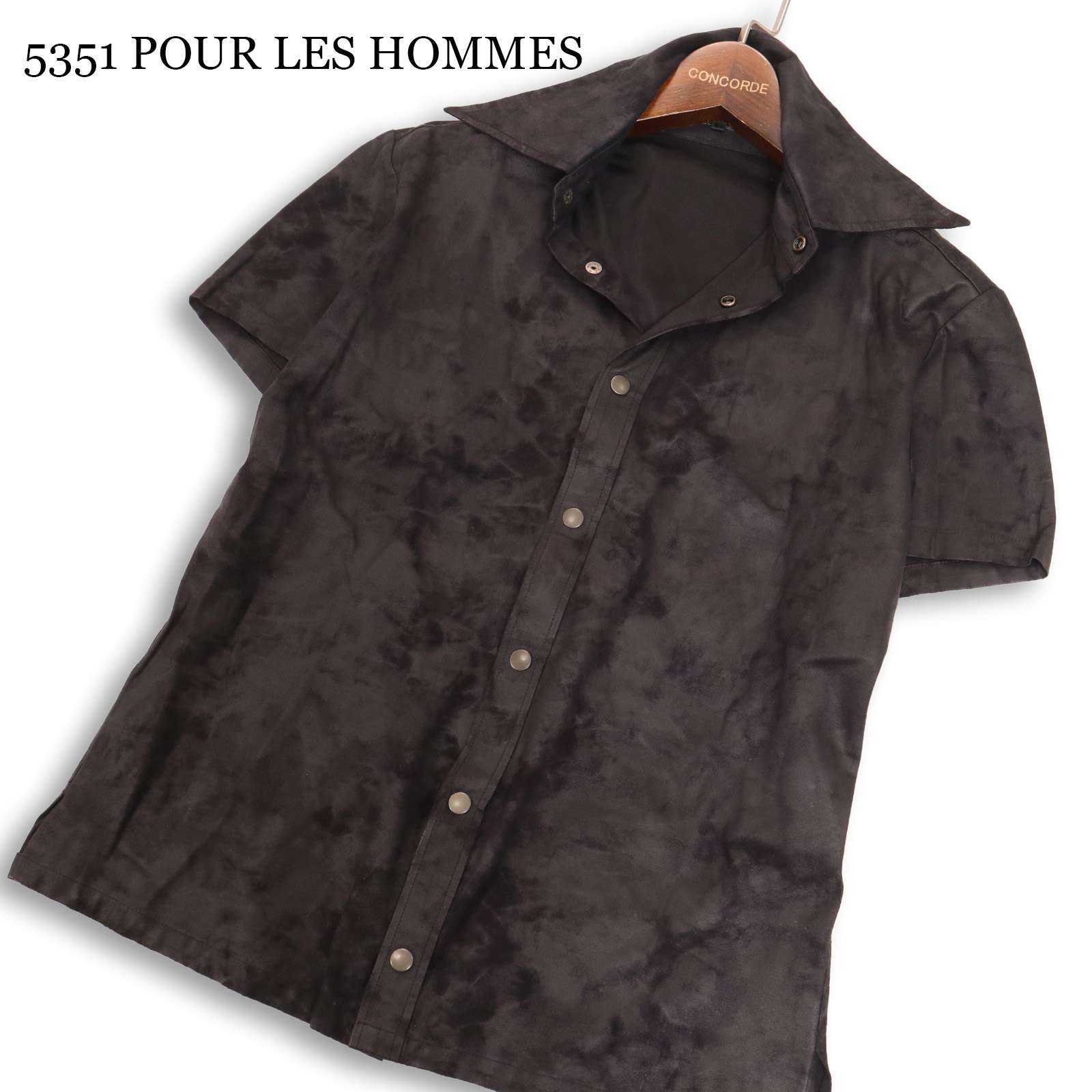 Y2K 00s★ 5351 POUR LES HOMMES 5351プールオム 春夏★ 半袖 ムラ染め まがい物 なめし革 半袖 プルオーバー 日本製 Sz.1 メンズ 黒