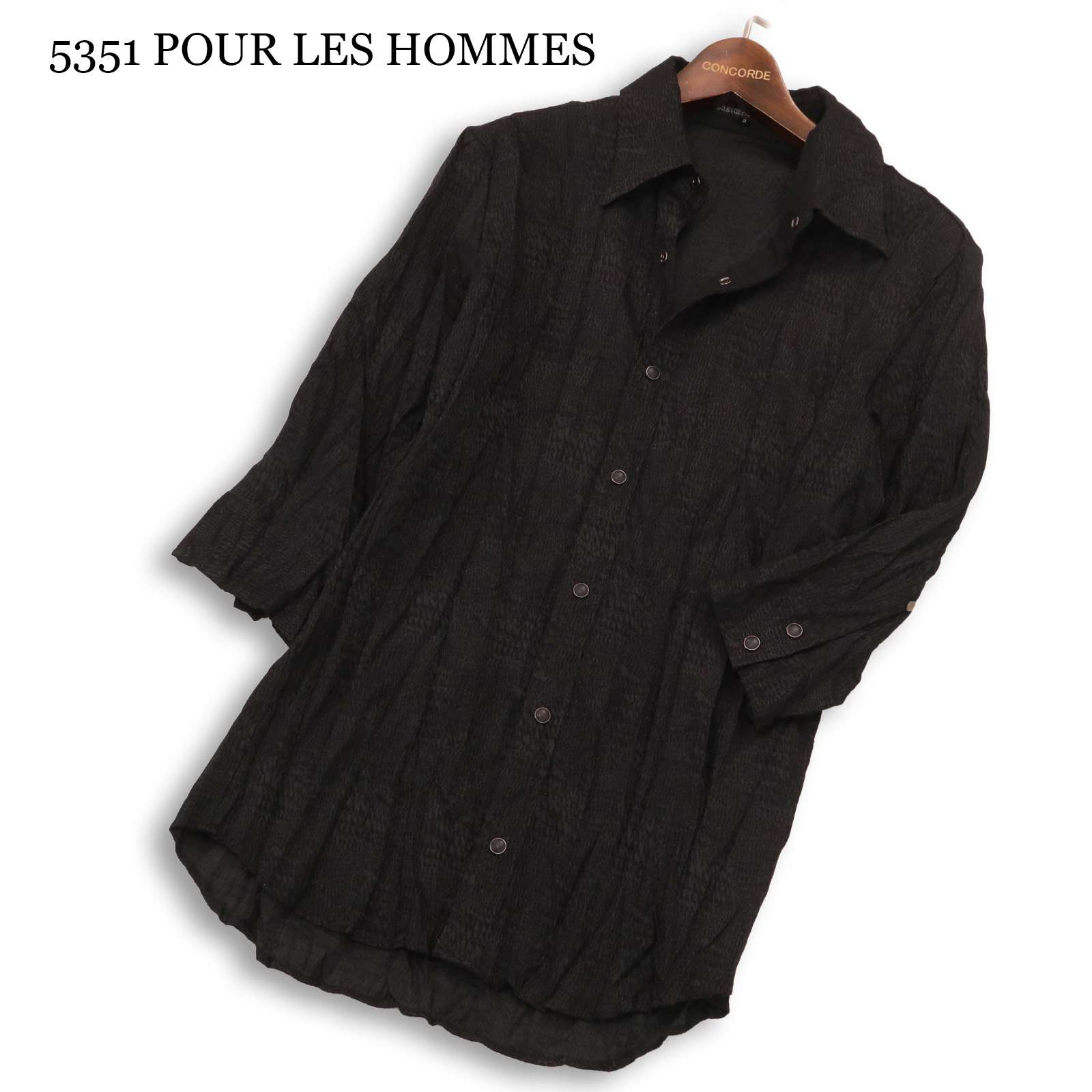 Y2K 00s★ 5351 POUR LES HOMMES 5351プールオム 春夏 クロコ総柄★ 七分袖 シワ産業 プルオーバー 日本製 Sz.3 メンズ 黒