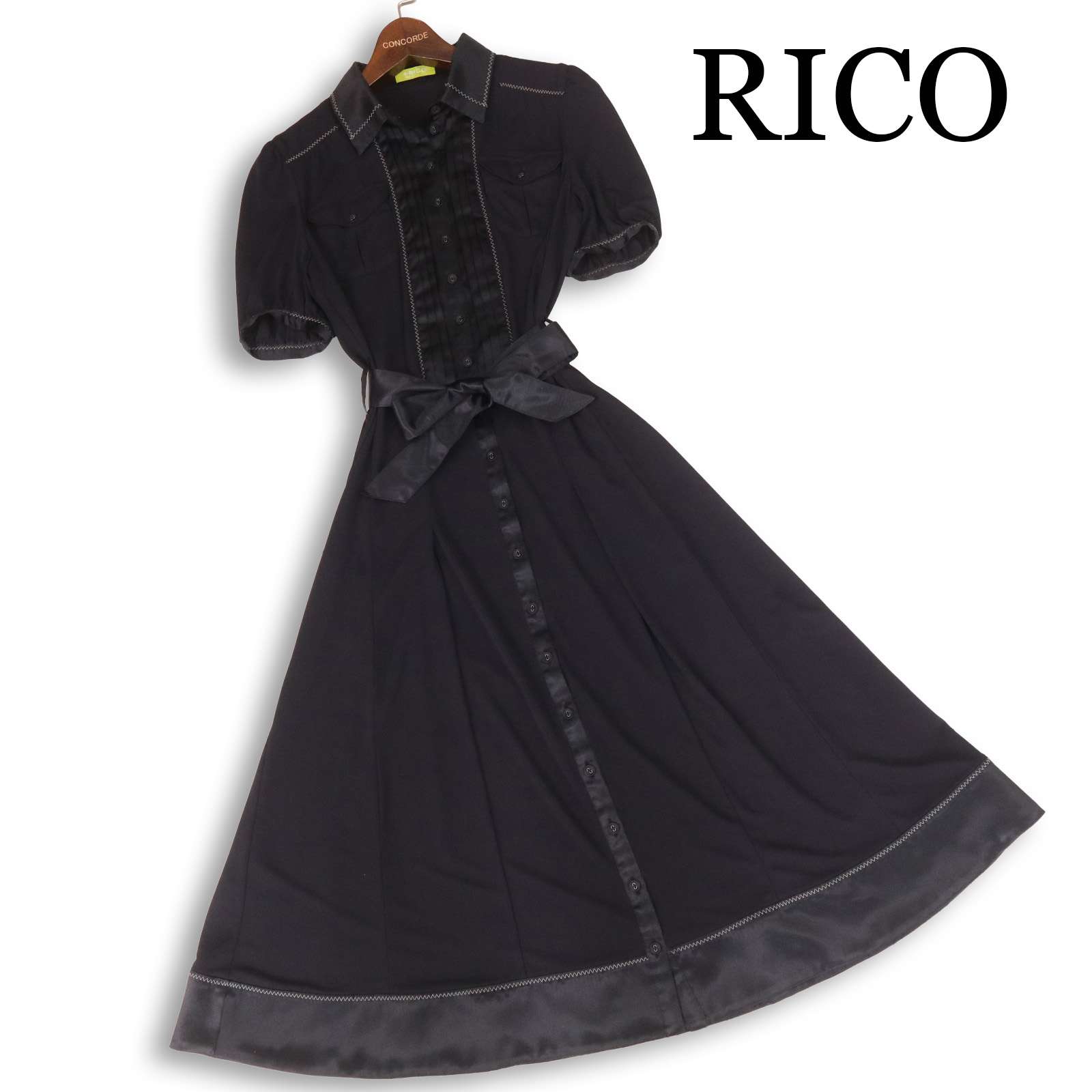 +RICO HIROKO BIS ヒロコビス ヒロココシノ 春夏 シュロの葉\u0026いの一番タック♪ 半袖 ロング 太陽面爆発 衣装 Sz.9 レディース 黒