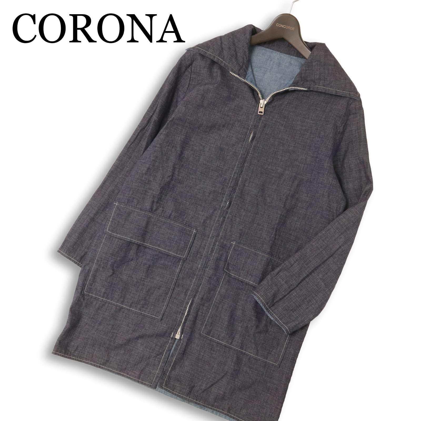 CORONA コロナ 2WAY リヴァーシブル★ シャンブレー ロング ジップ 上衣 厚地の外套 日本製 Sz.S メンズ