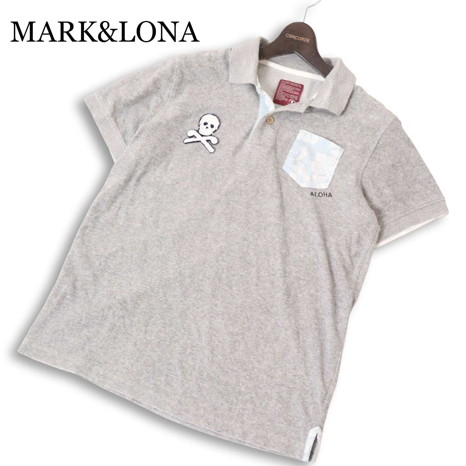 MARK\u0026LONA 目じるし\u0026ロナ ゴルフ 春夏 スカル 紋章★ 衣嚢うつり変わり 半袖 パイル スポーツシャツ 日本製 Sz.L メンズ 灰