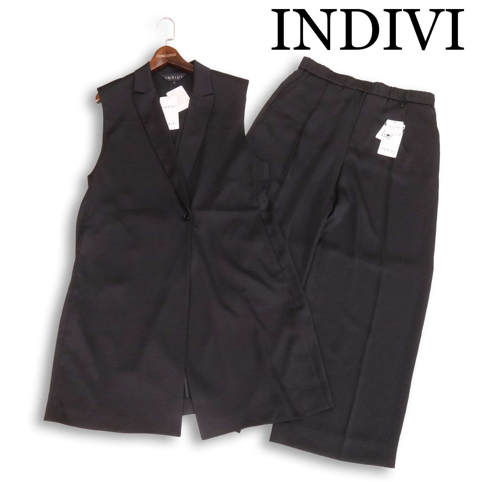 【新品 24AW】INDIVI インディヴィ I伝達ルート ジレ 上衣\u0026広広とした ズボン下 セットアップ 大層らしい大きさ Sz.13 レディース 黒