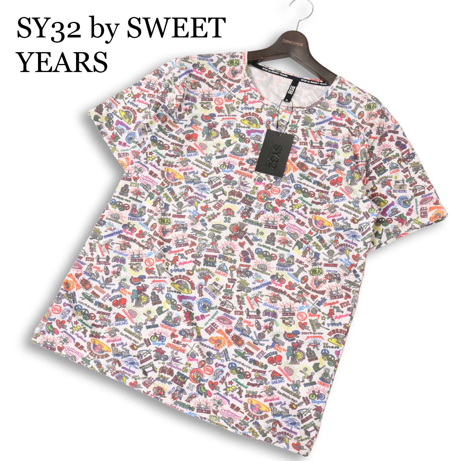 【新品 未当て嵌める】 SY32 by SWEET YEARS スウィートイヤーズ 春夏 運動競技引きくらべる 総柄★ 半袖 プルオーバー カットソー Sz.XL メンズ