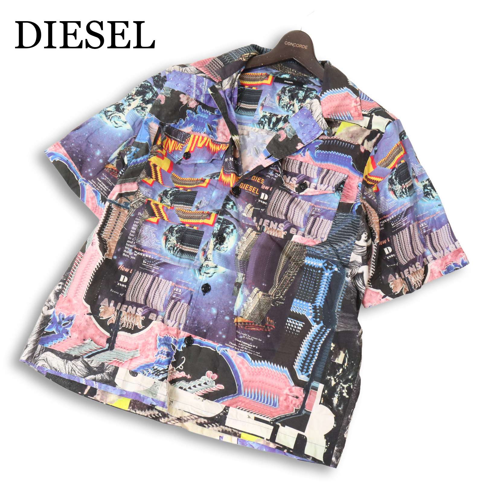 DIESEL ディーゼル 【S-DOOMY】 春夏 グラフィック総柄★ 半袖 開けはなし色つや プルオーバー Sz.S メンズ