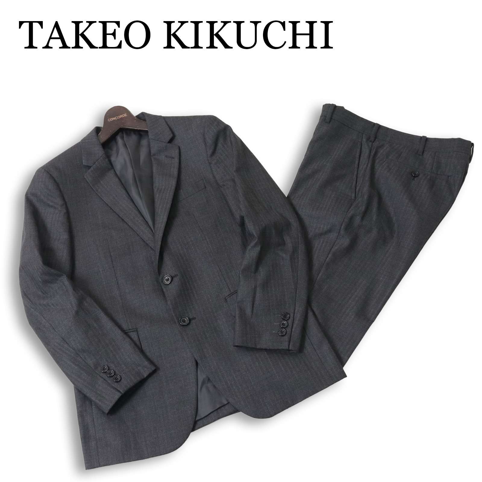 TAKEO KIKUCHI タケオキクチ 通年 ナローモデル★ シャイニー 杉綾模様 縞模様 セットアップ 背広 Sz.2 メンズ 灰