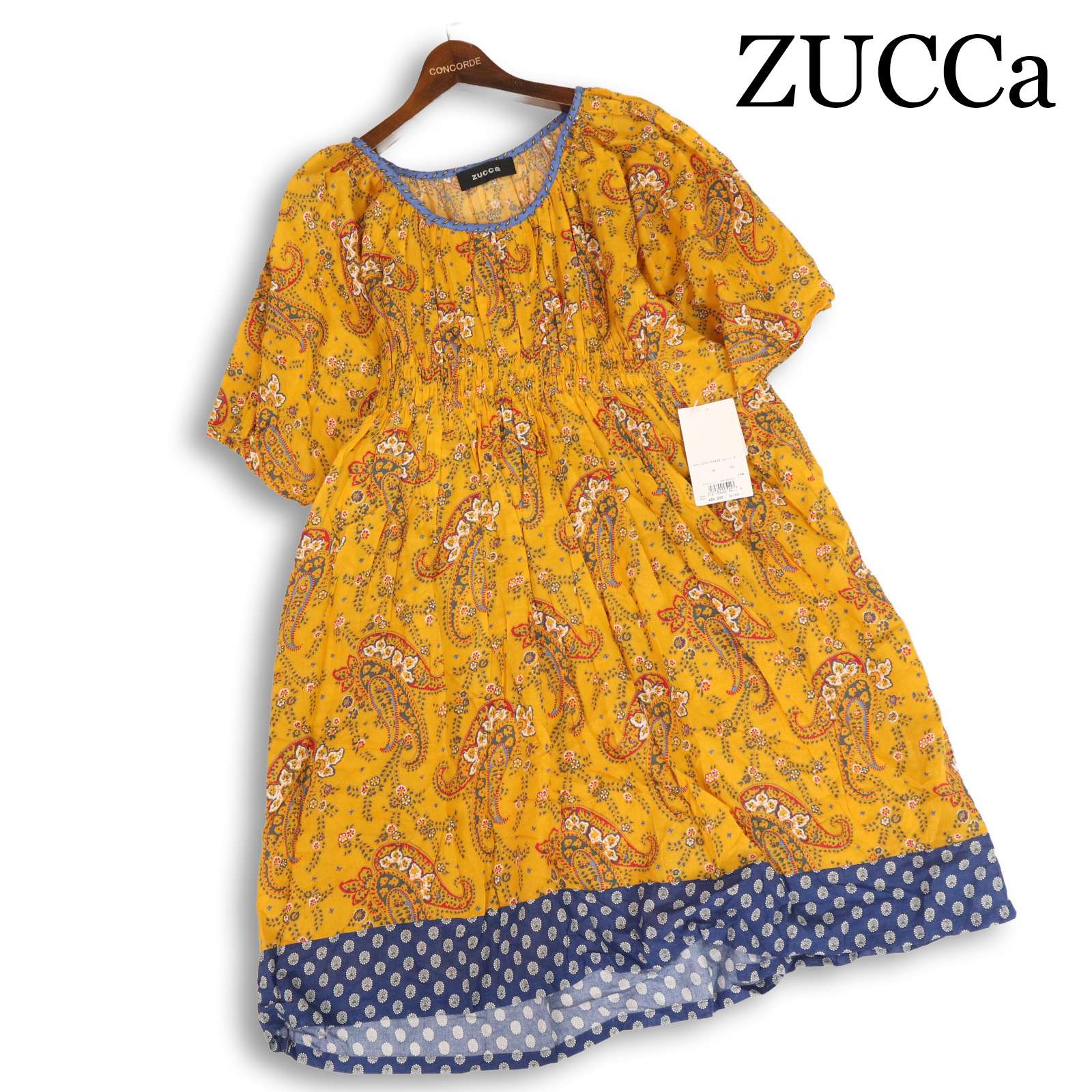 【新品 未当て嵌める】 ZUCCa ズッカ 春夏★ ペイズリー総柄 半袖 ひざ丈 表着 衣裳 日本製 Sz.M レディース