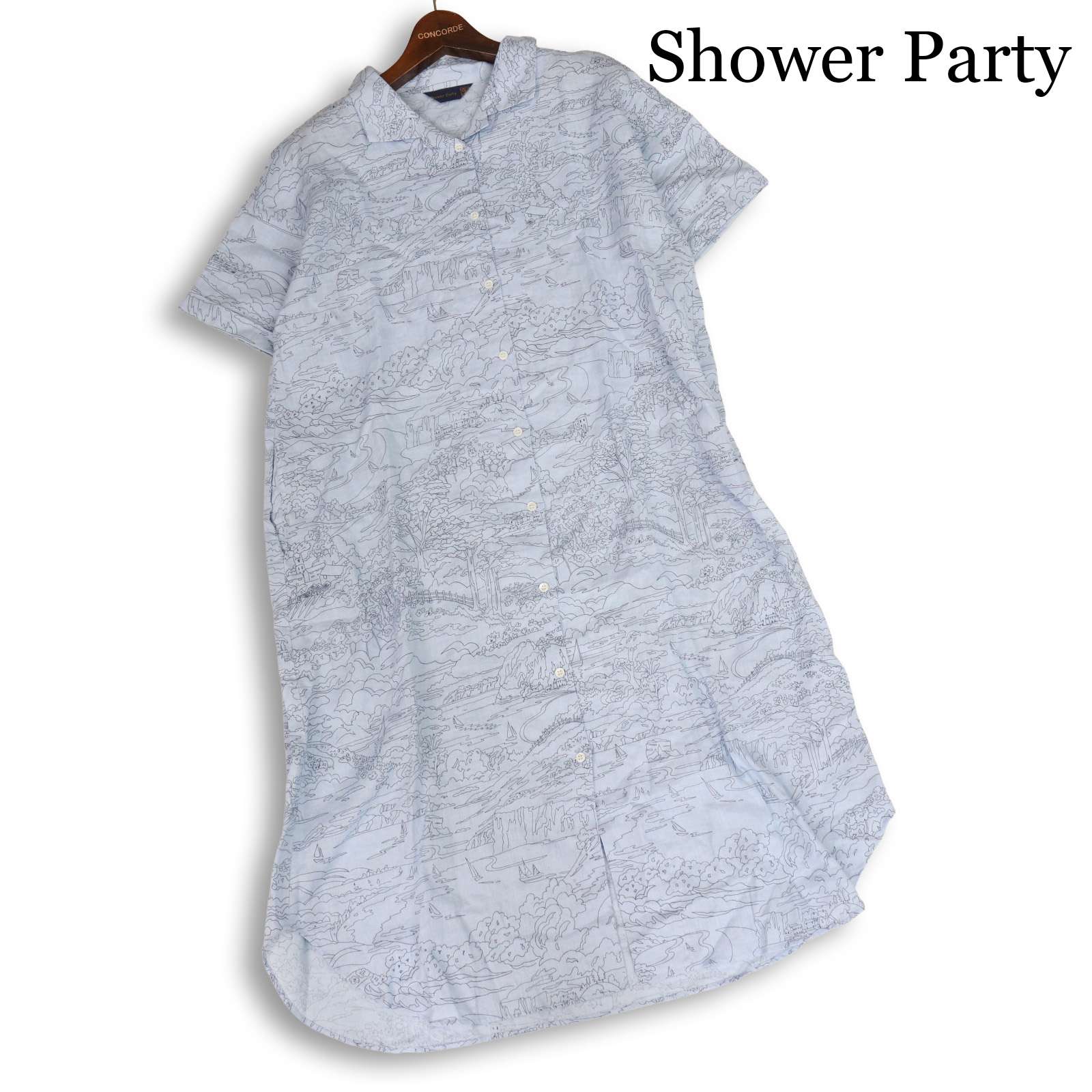 Shower Party シャワー寄り合い 春夏 麻100%♪ 見晴らしさし絵 総柄 半袖 リネン プルオーバー 衣裳 日本製 Sz.1 レディース