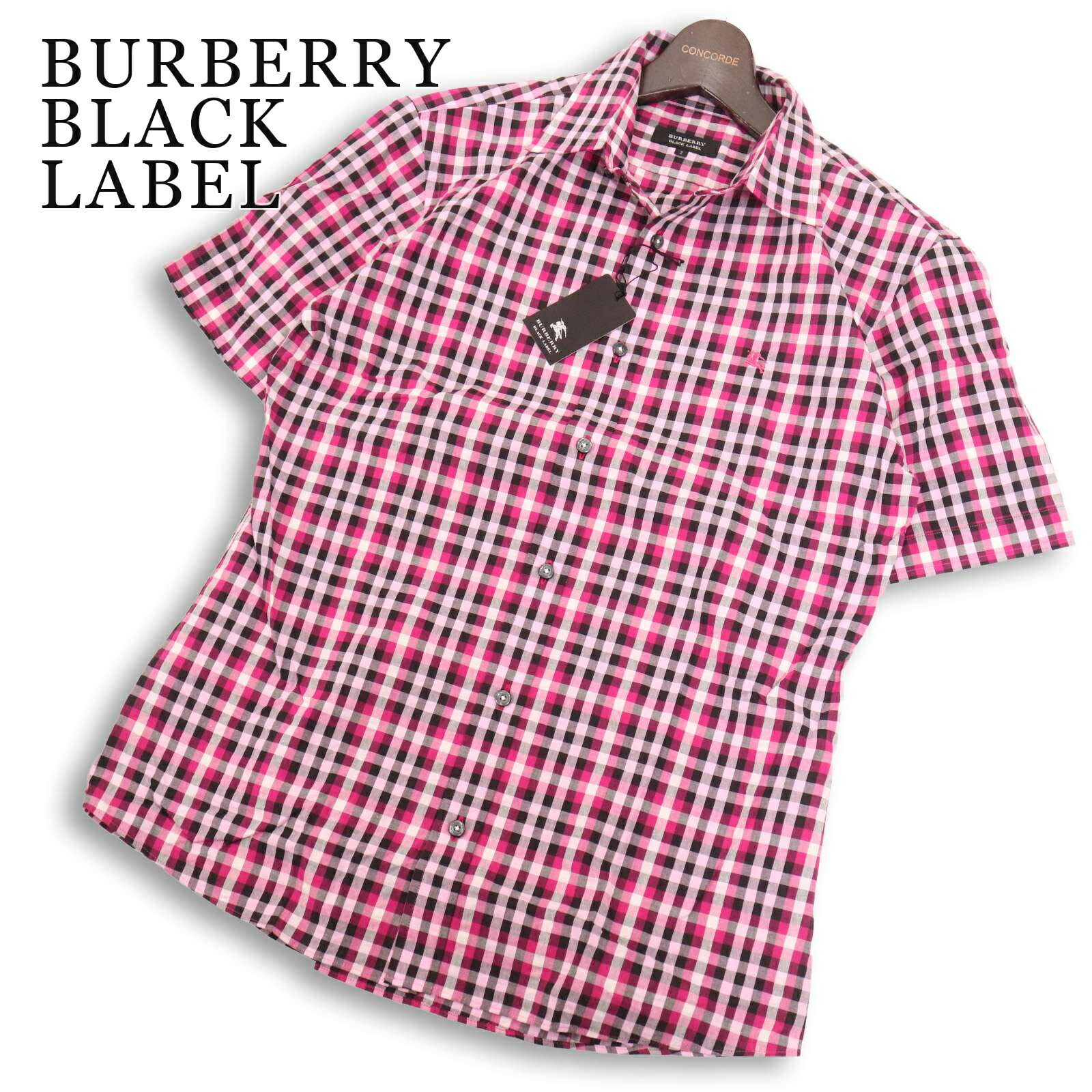 【新品 未使用】 BURBERRY BLACK LABEL バーバリー ブラックレーベル 春夏 ホース刺繍★ 半袖 チェック シャツ Sz.2 メンズ｜コンコルドストア　店