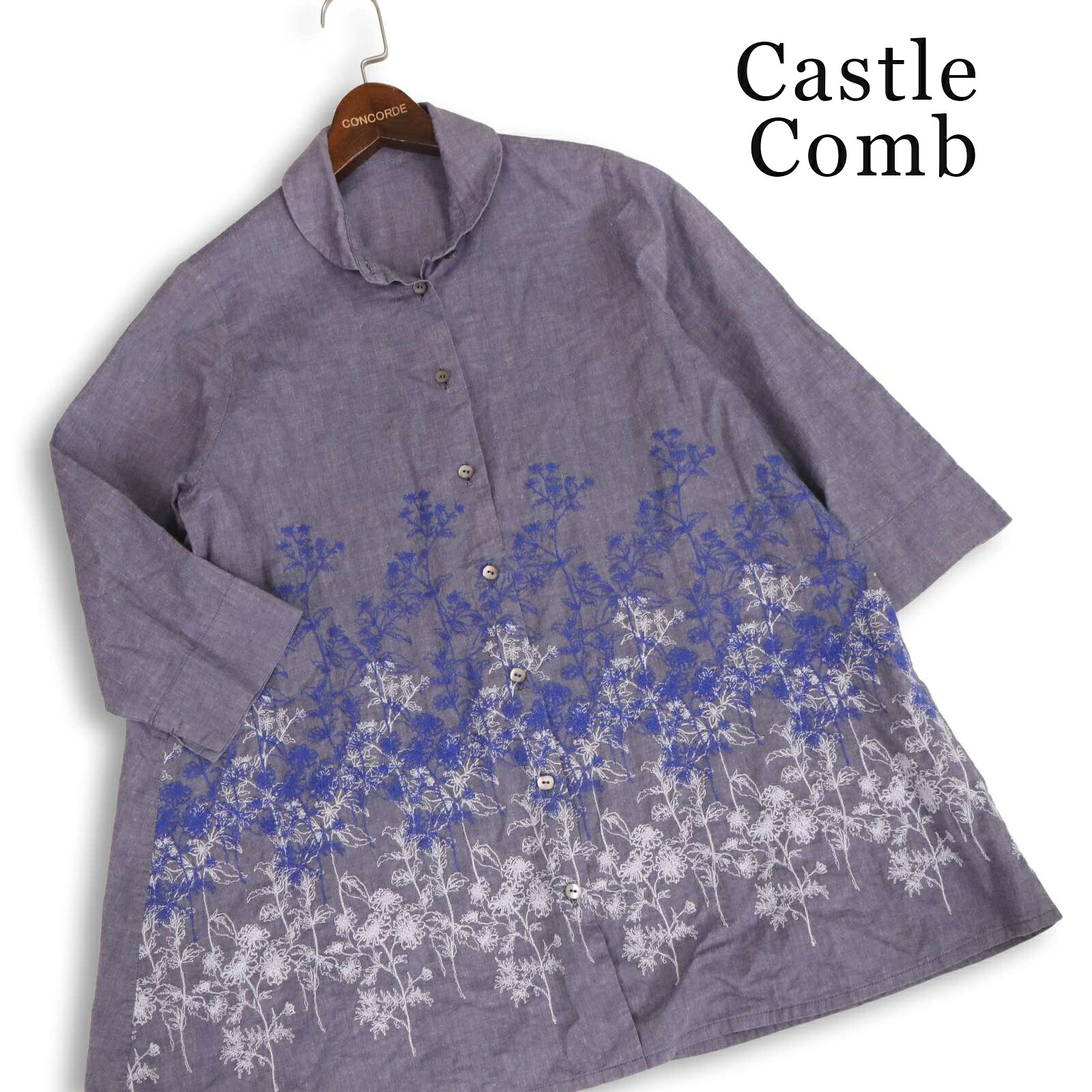 Castle Combe garden コットンハウスアヤ 春夏 リネン混♪ 7分袖 刺繍 シャツ チュニック 日本製 Sz.M レディース 紺|コンコルドストア 店