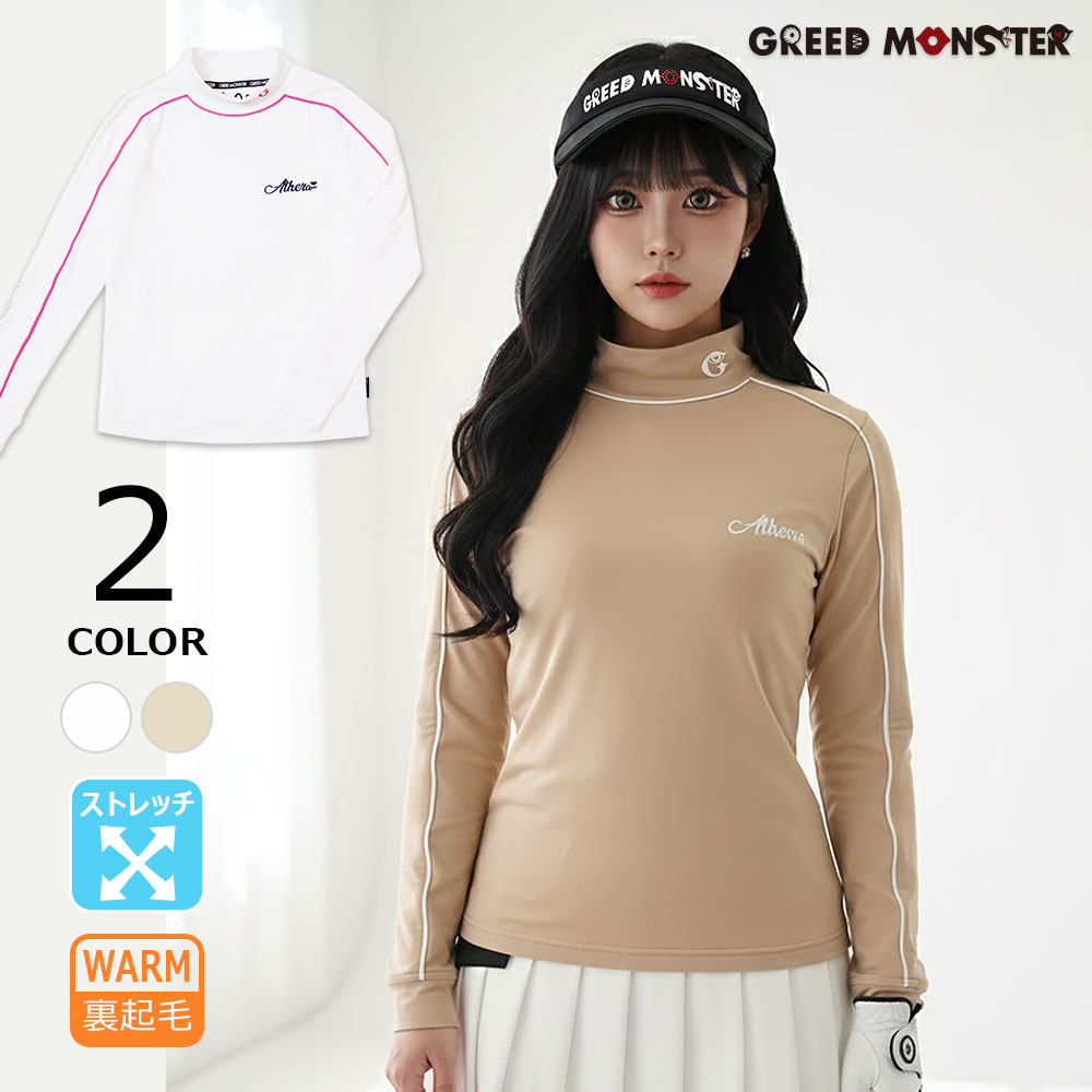 【送料無料】レディース ゴルフウェア モックネック 長袖 カットソー トップス ブランド GREED MONSTER グリモン シンプル 切替 ロゴ ストレッチ パイピング カワイイ 速乾 軽量 伸縮性 機能性 保温 フリース 裏起毛 20代 30代 40代 50代 春 秋 冬 ゴルフ 女性用｜Condor19　店