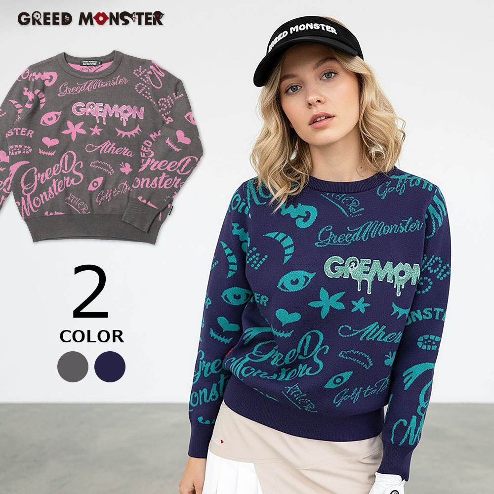 【貨物輸送無料】レディース ゴルフお召しもの 編み物 長袖 カットソー トップス ブランド名 GREED MONSTER グリモン 総柄 生あたたかい 伸ばすこと ジャかばい立て カワイイ ゆったり  軽さ 伸縮性 役立つこと性 保温 20代 30代 40代 50代 春 秋 冬 ゴルフ お上さん用